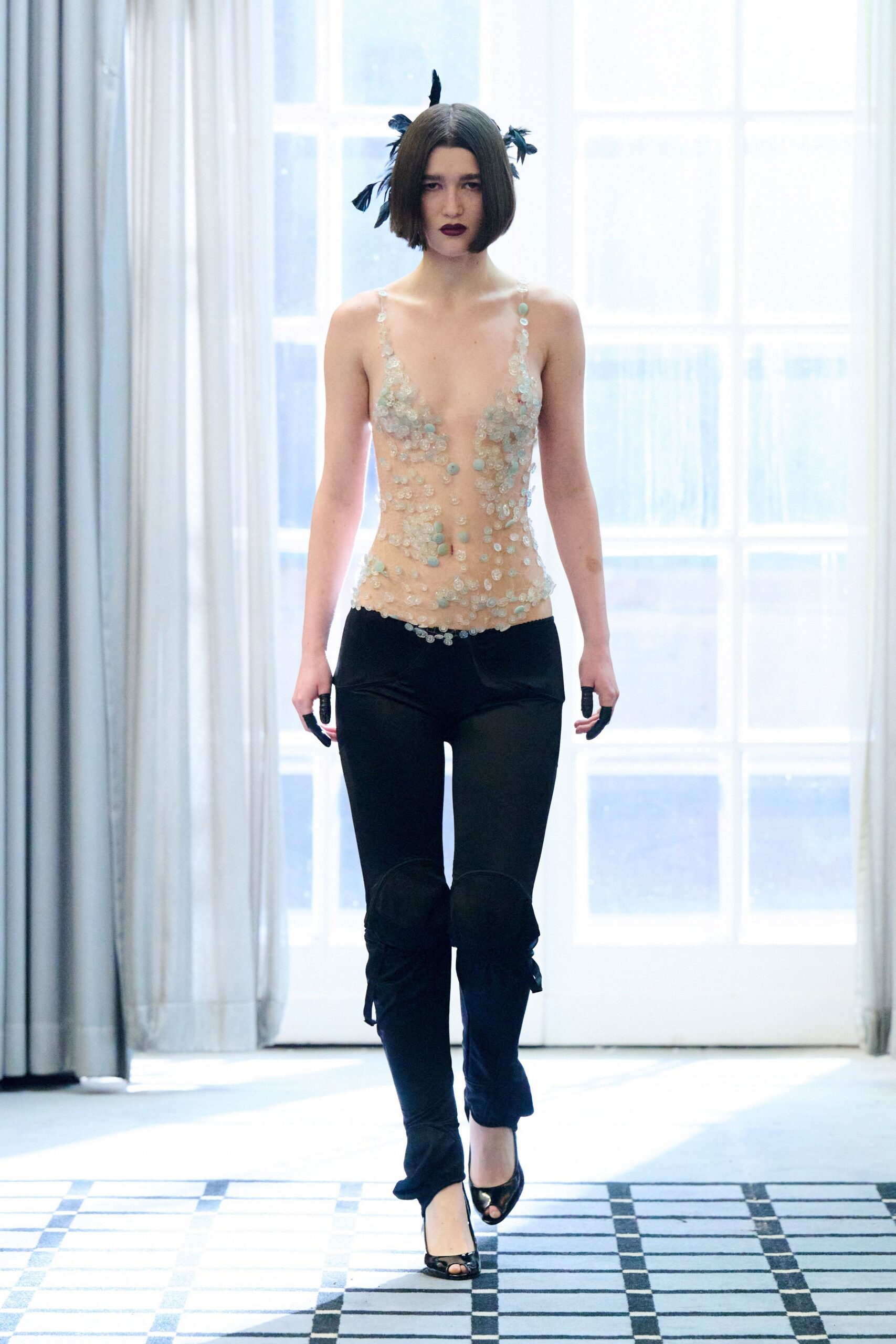 sheer embroidered top with fitted pants