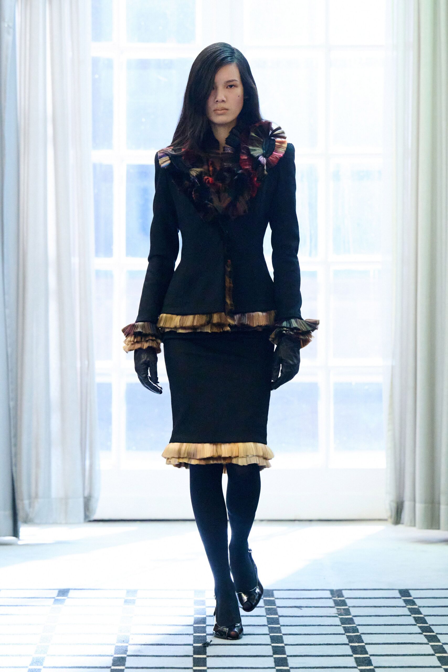 black wool fitted ruffled pencil skirt