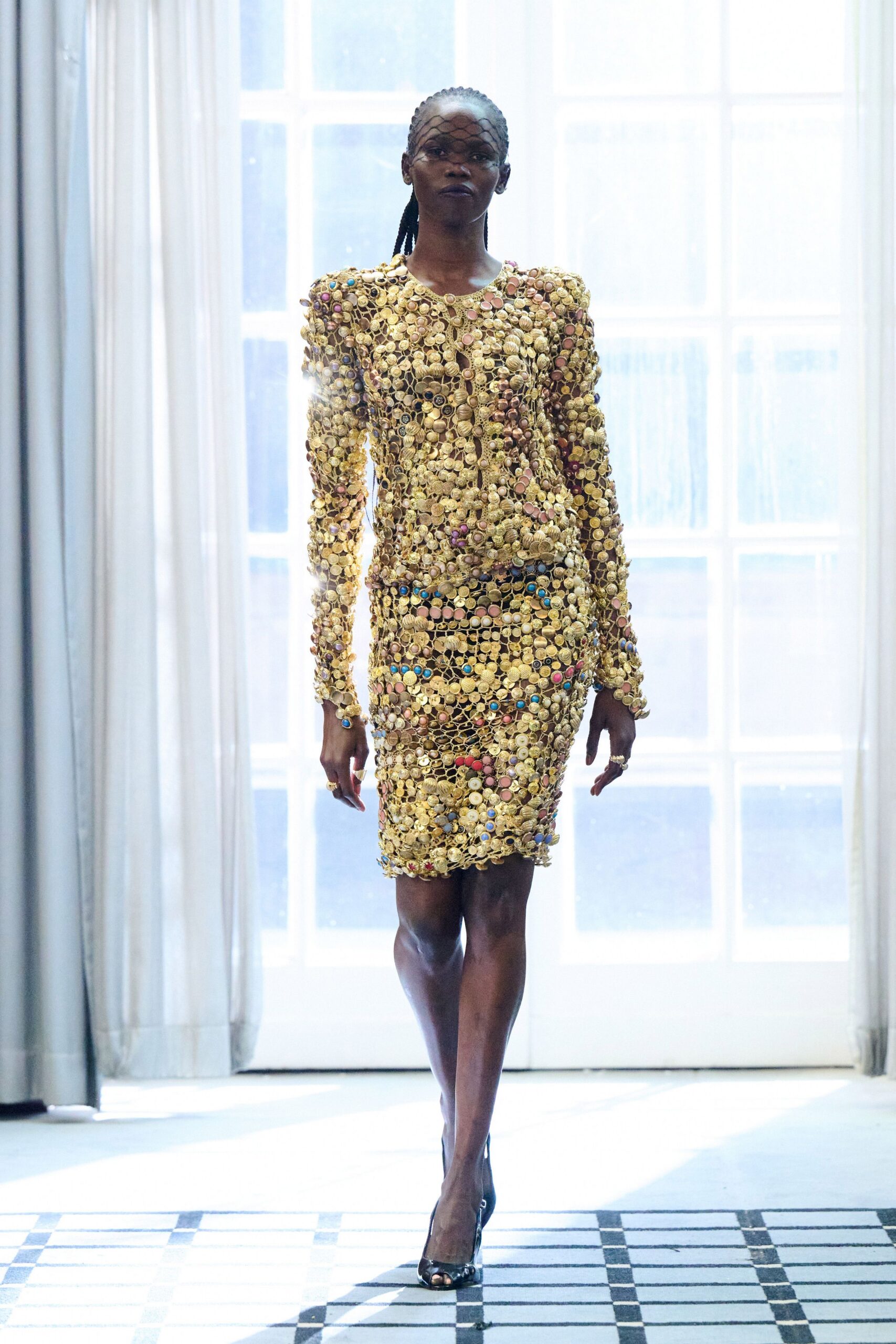 gold metallic long-sleeve fitted embellished shiny mini dress