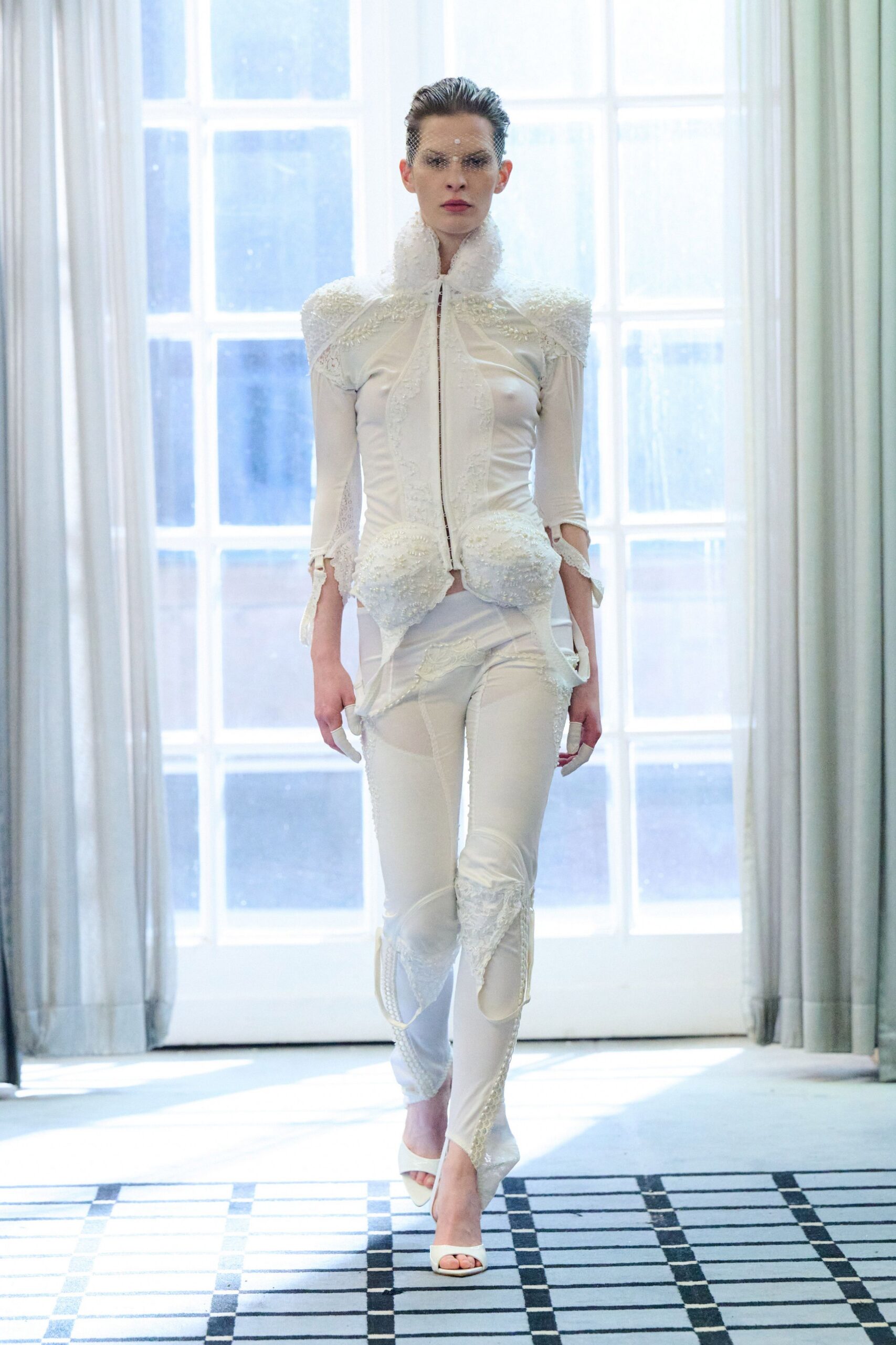 white cotton long-sleeve high-neck fitted zippered layered top