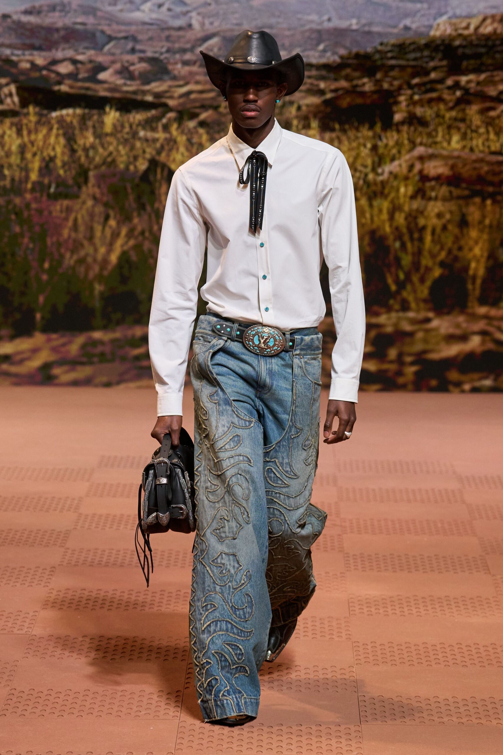 white shirt blue flared pants