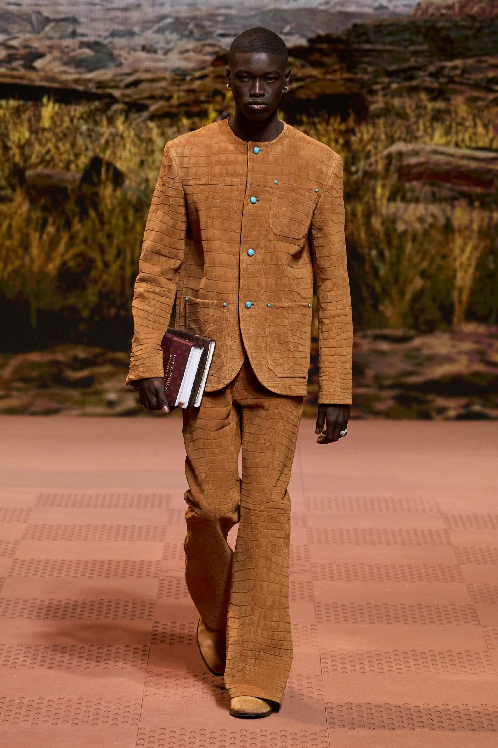 brown suede long-sleeve collared fitted buttoned flared suit