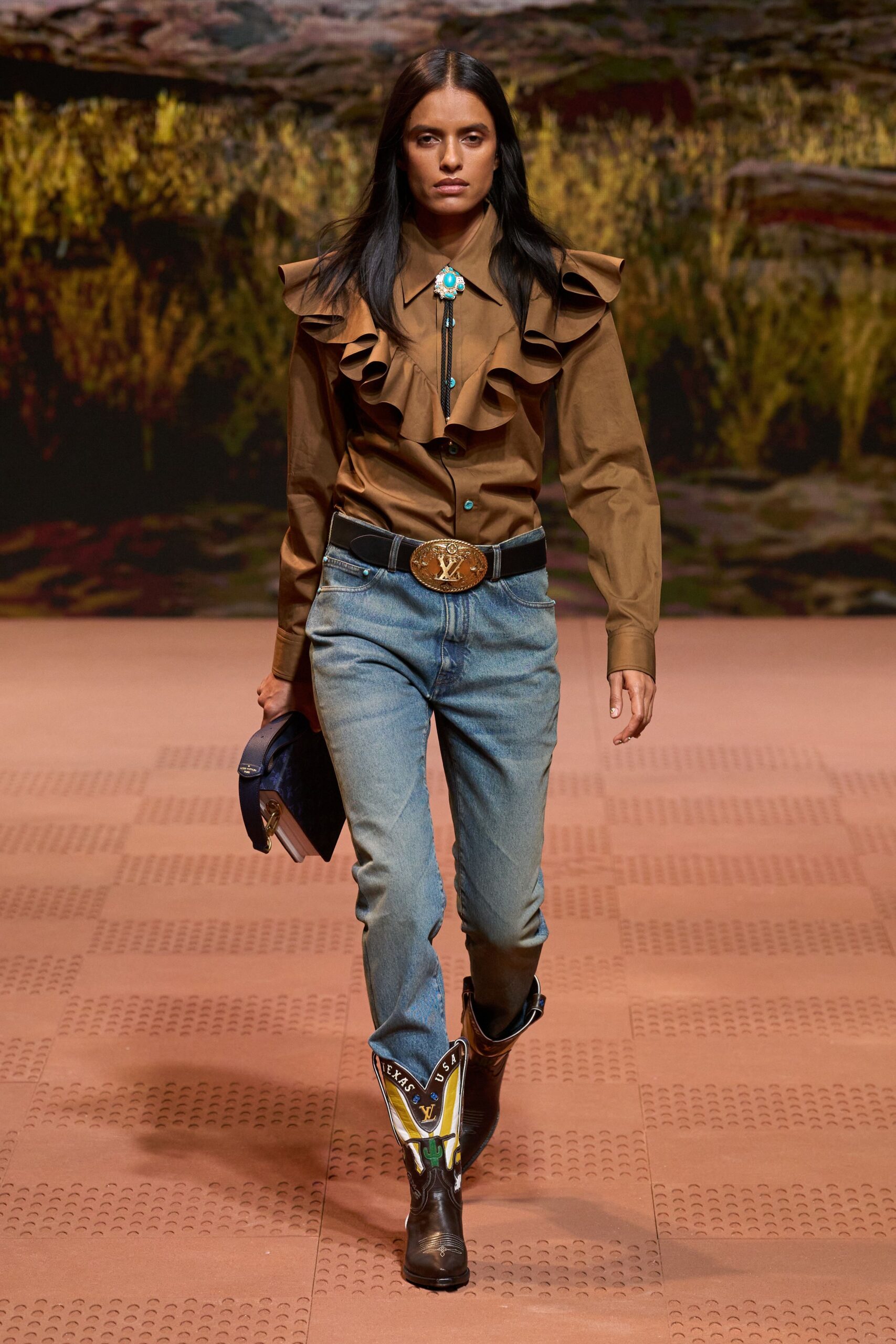 brown ruffled shirt with denim pants
