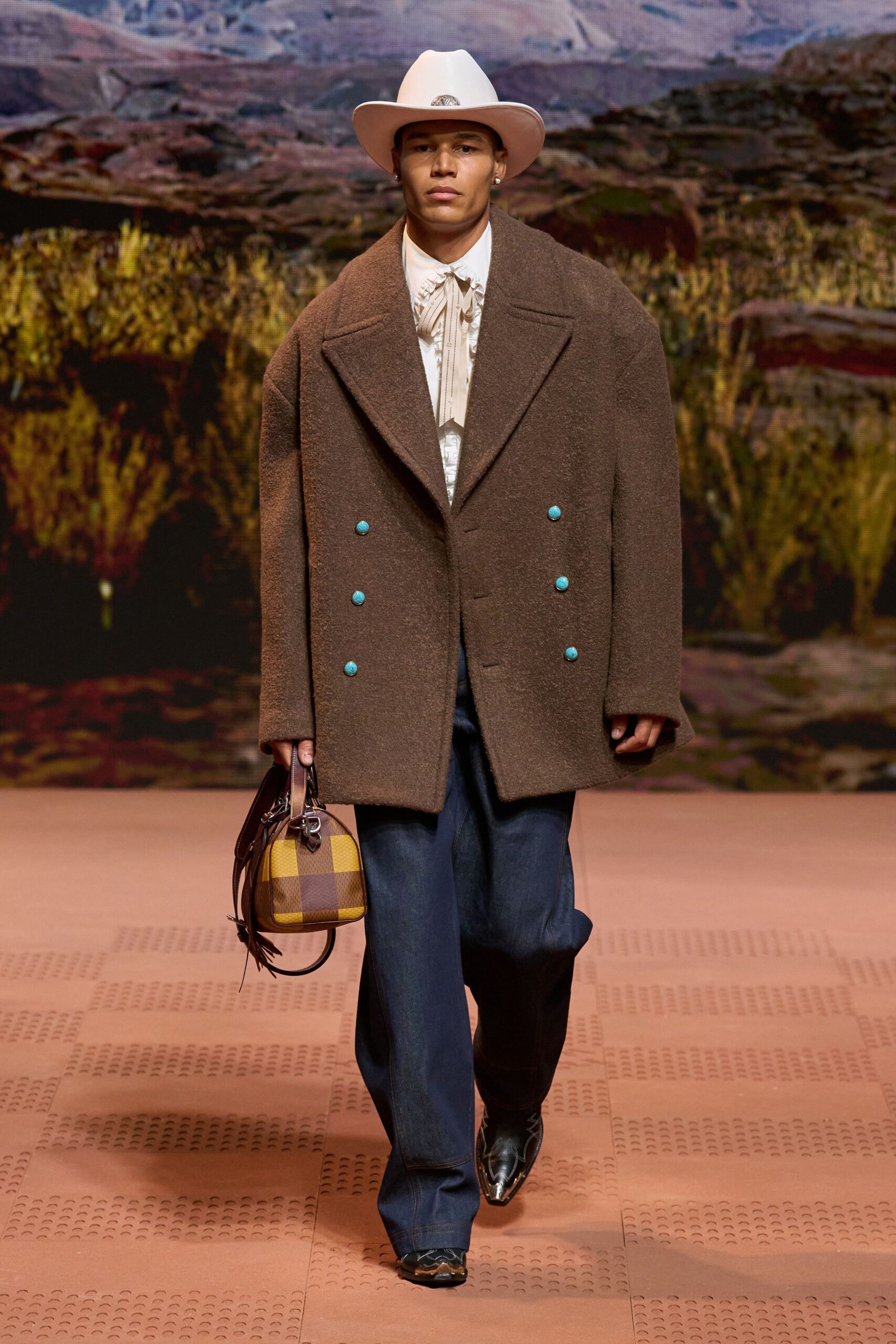 brown wool long-sleeve collared oversized buttoned coat