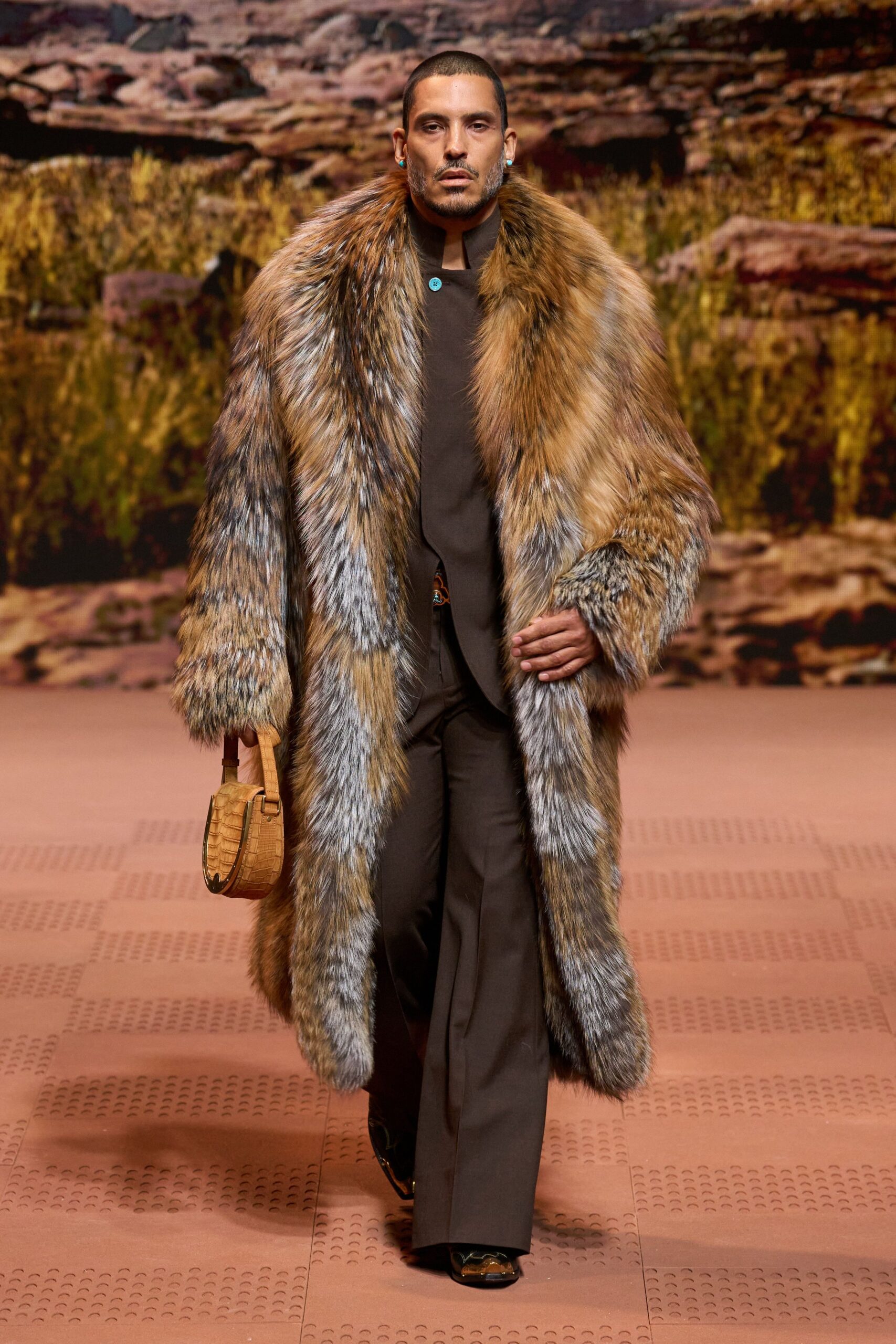 brown fur coat with tailored pants