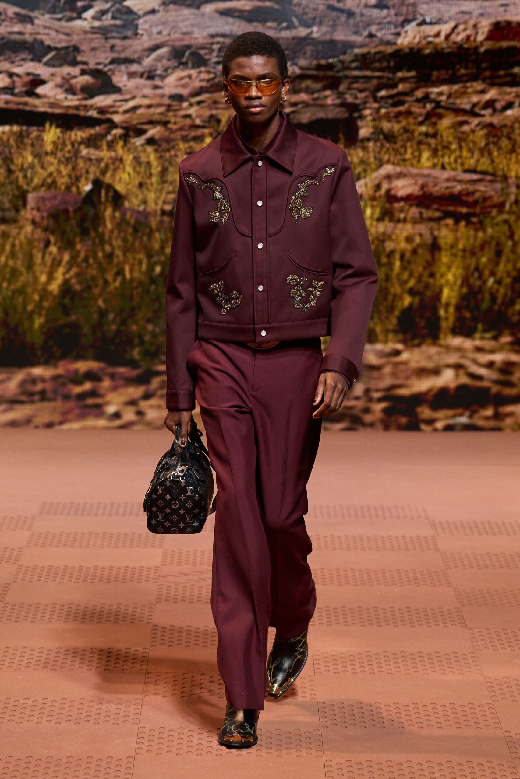 maroon cotton long-sleeve collared fitted embroidered jacket