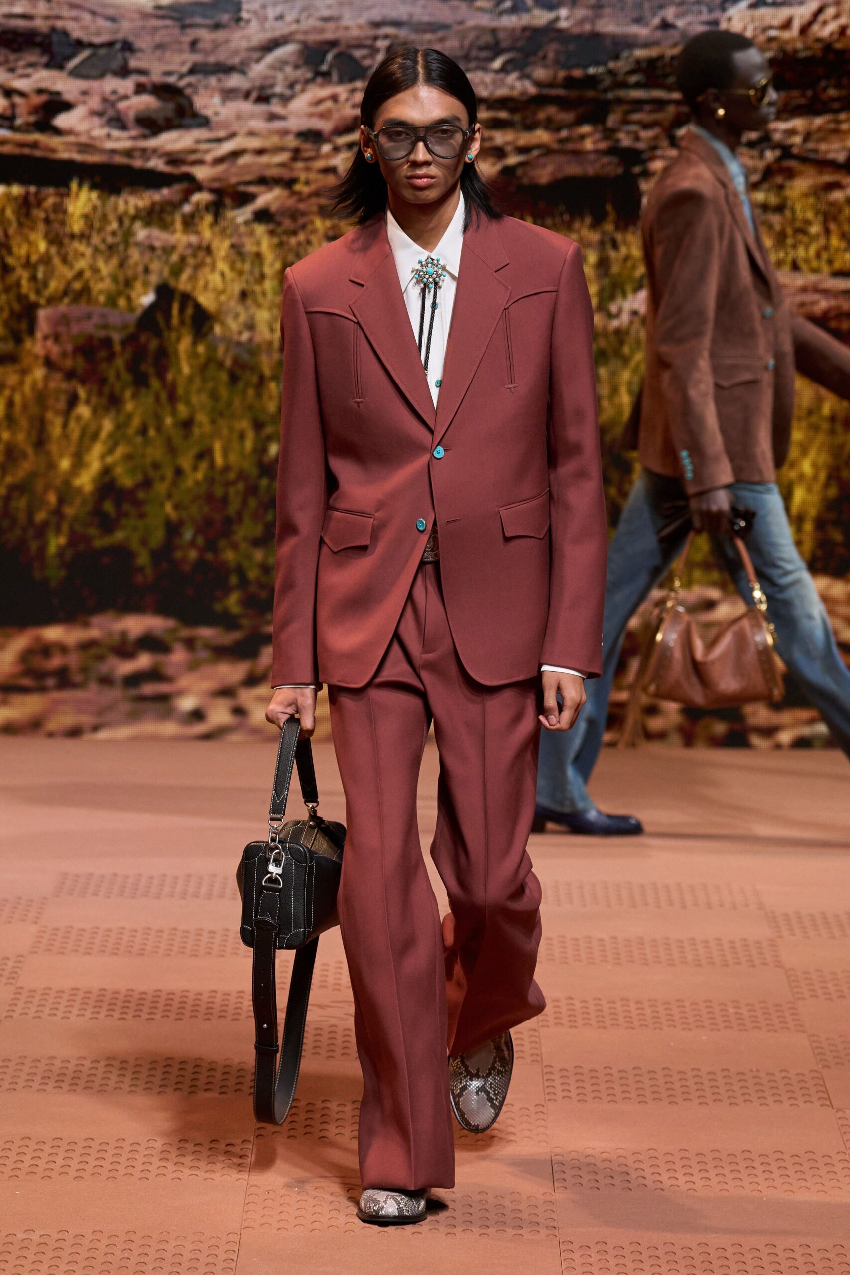 brown wool long-sleeve collared tailored buttoned flared suit