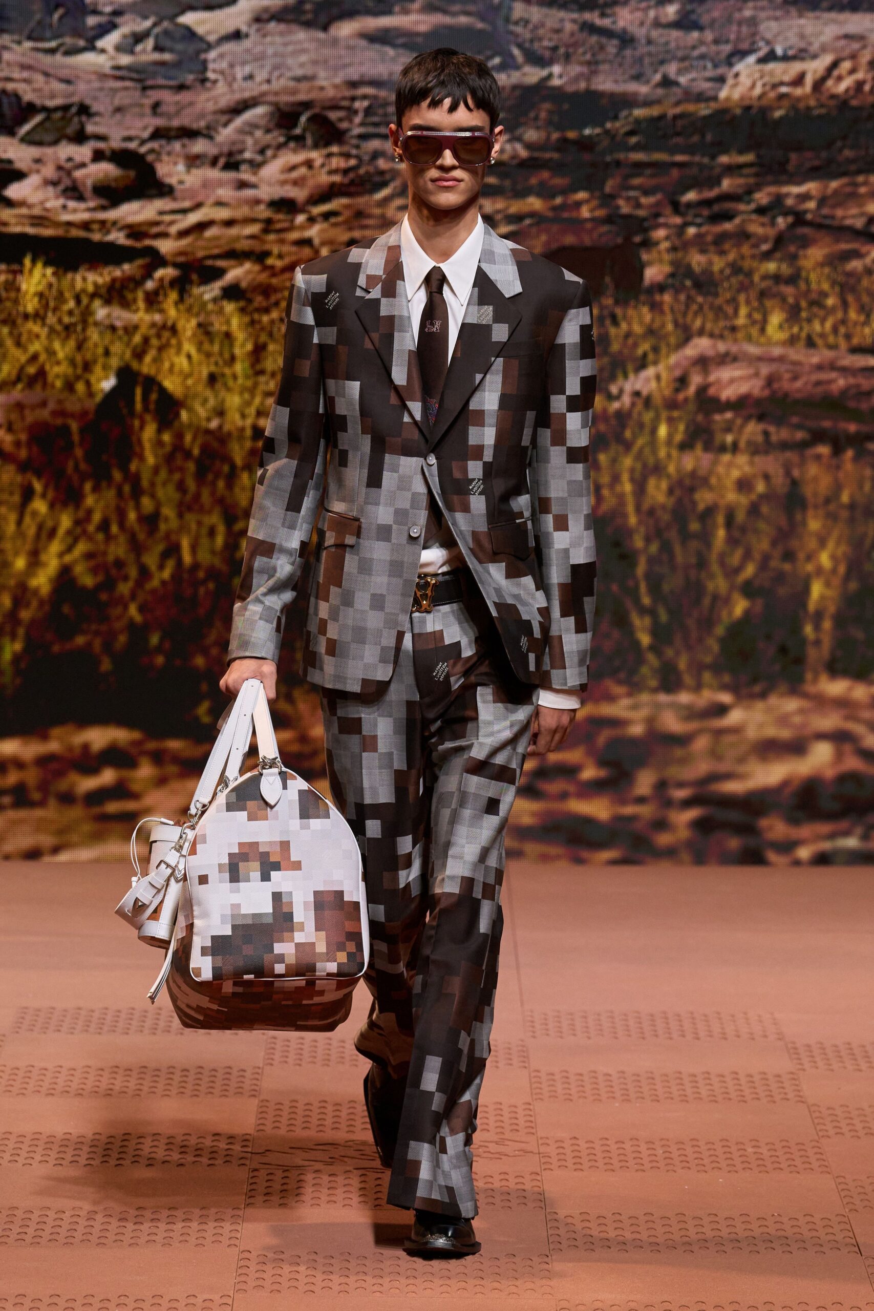 gray and black checked suit