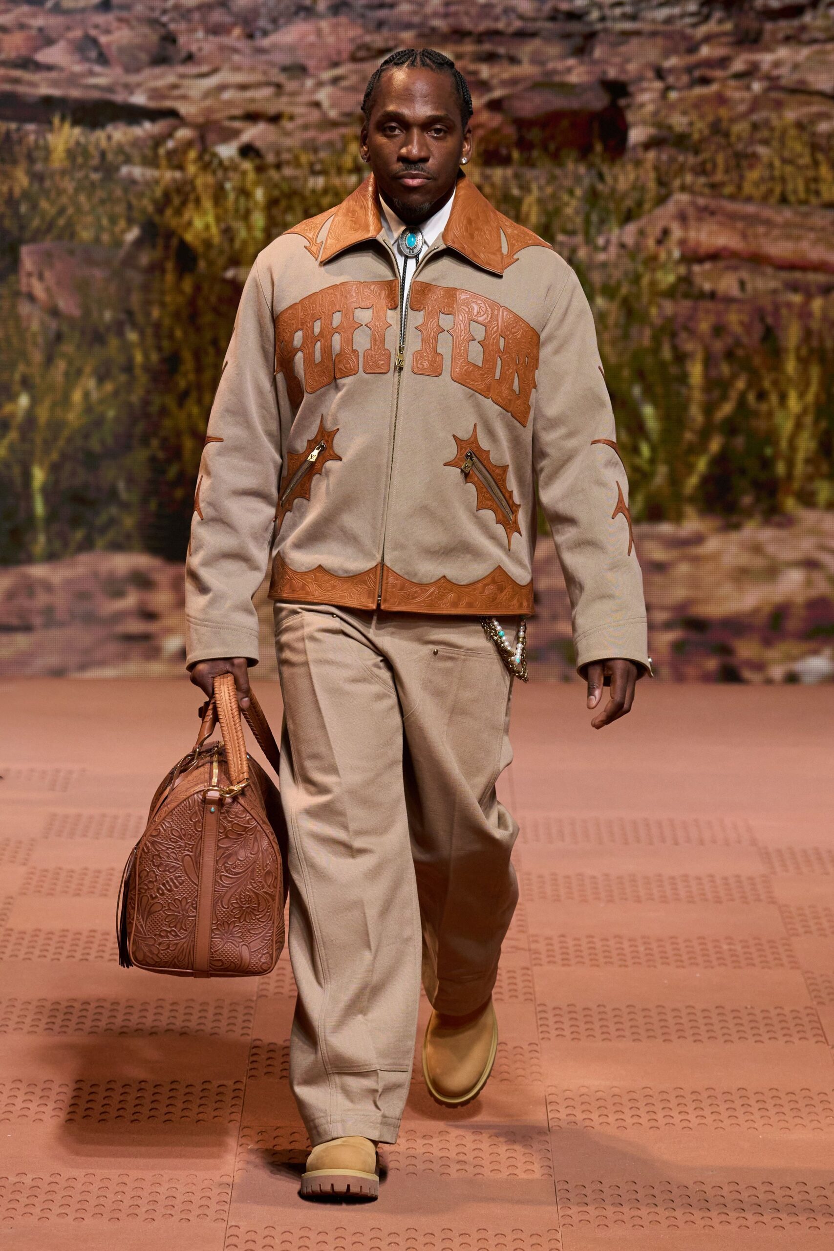 beige leather long-sleeve collared fitted embroidered jacket