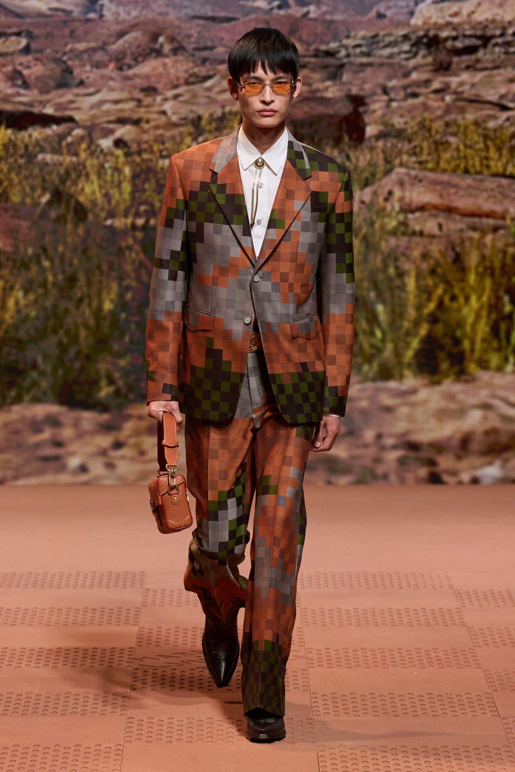 orange and brown checked suit