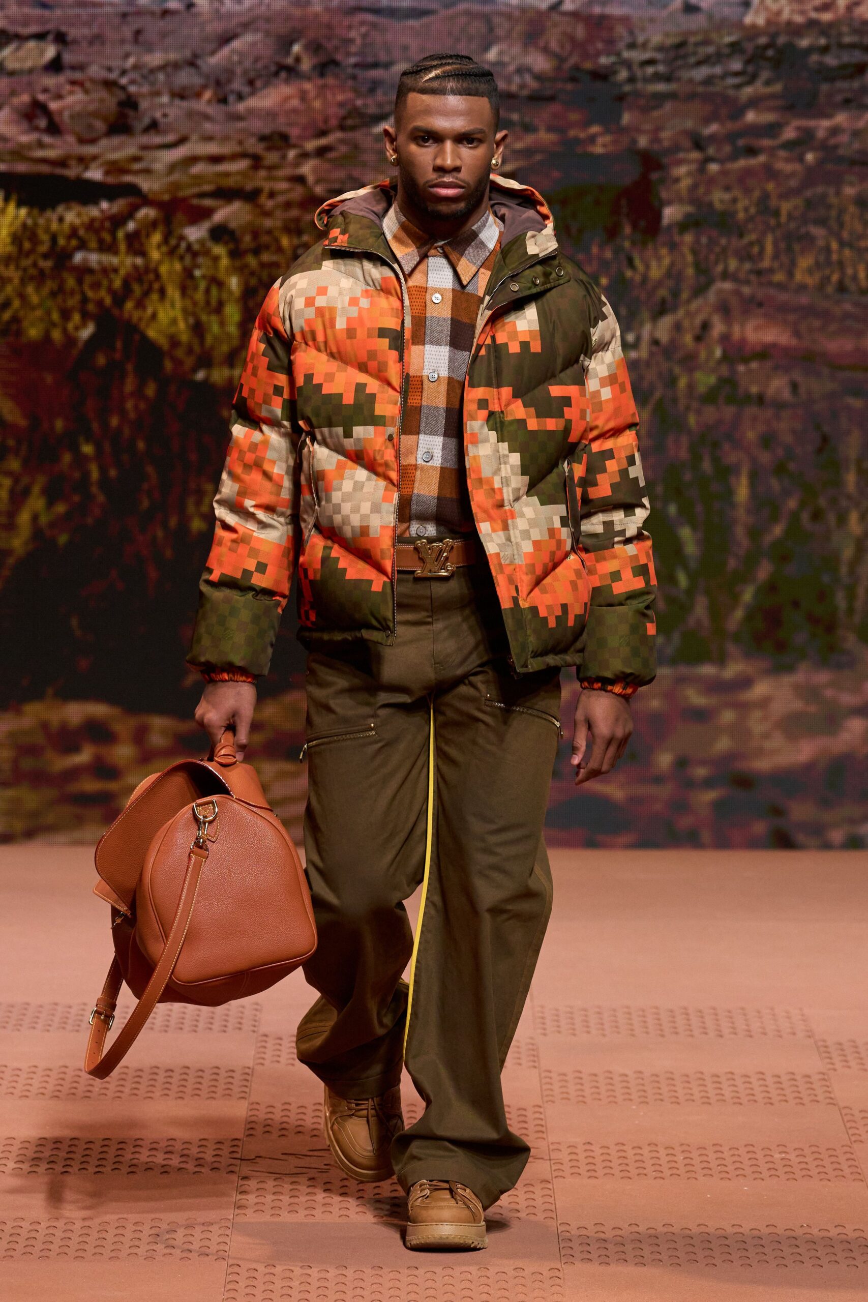 color-blocked jacket with checked shirt