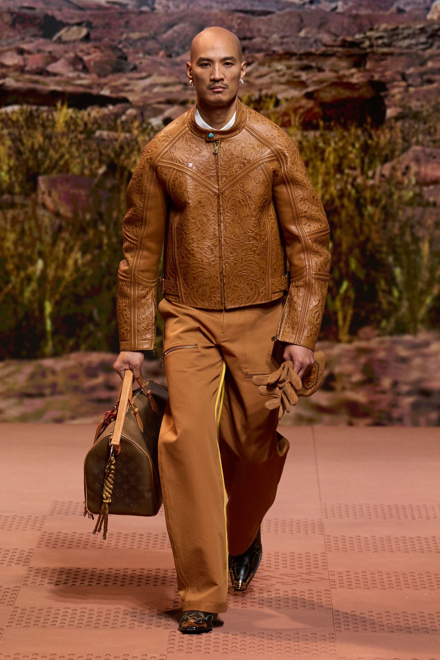 brown leather long-sleeve collared fitted embroidered jacket