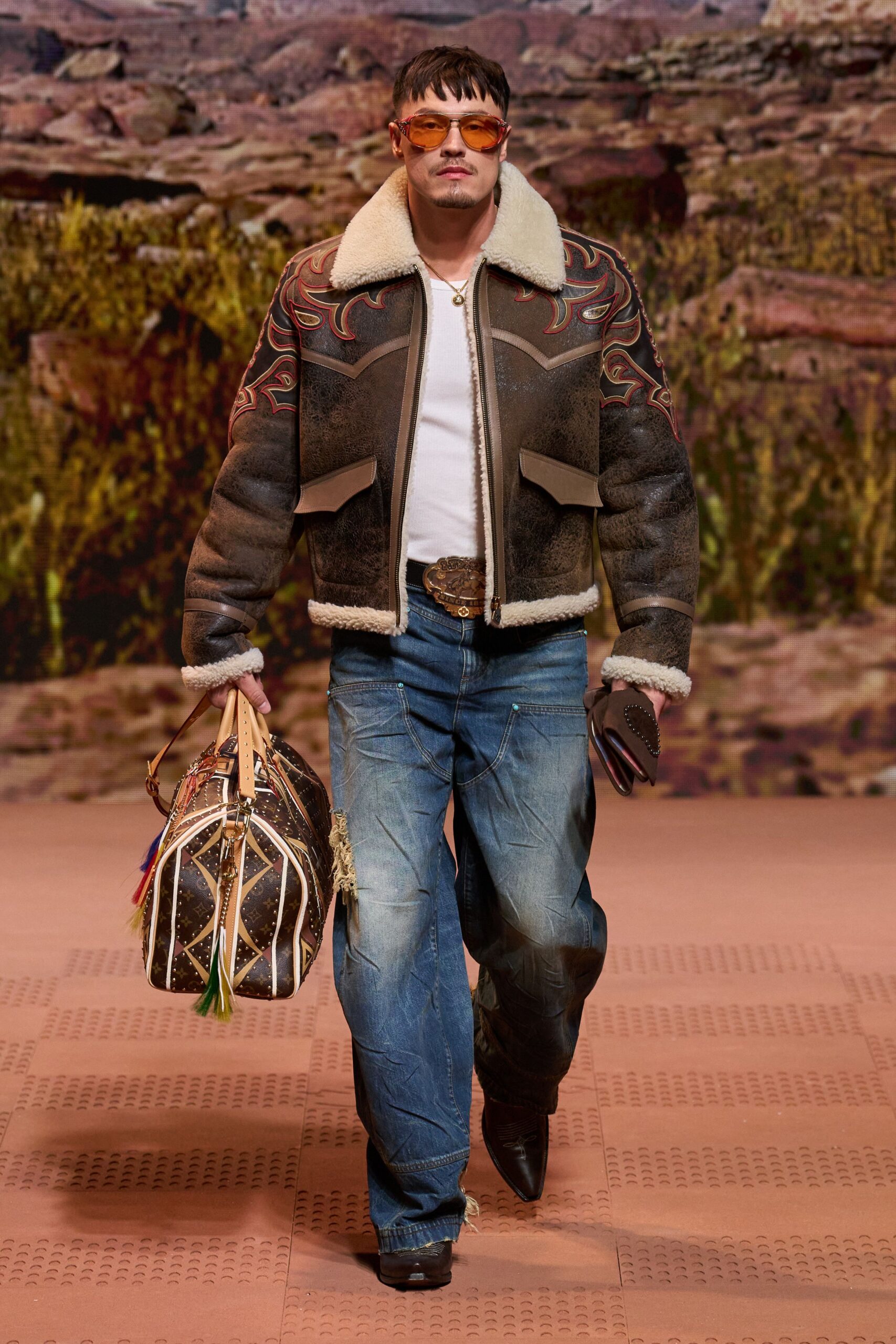 brown leather long-sleeve collared fitted embroidered jacket