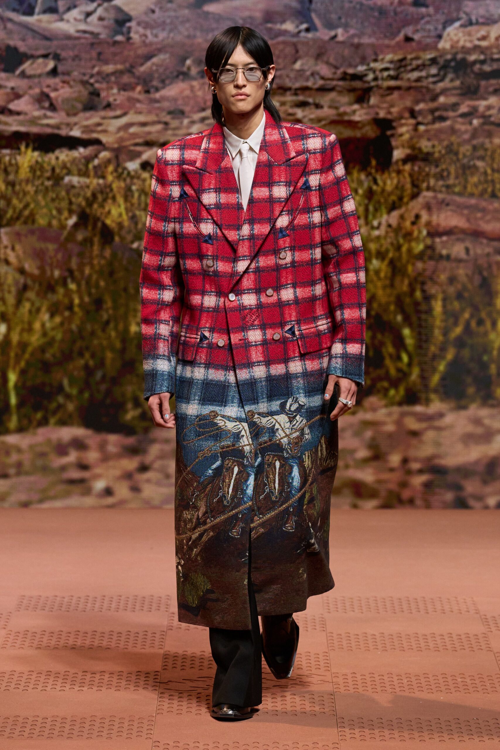 red and blue checked coat