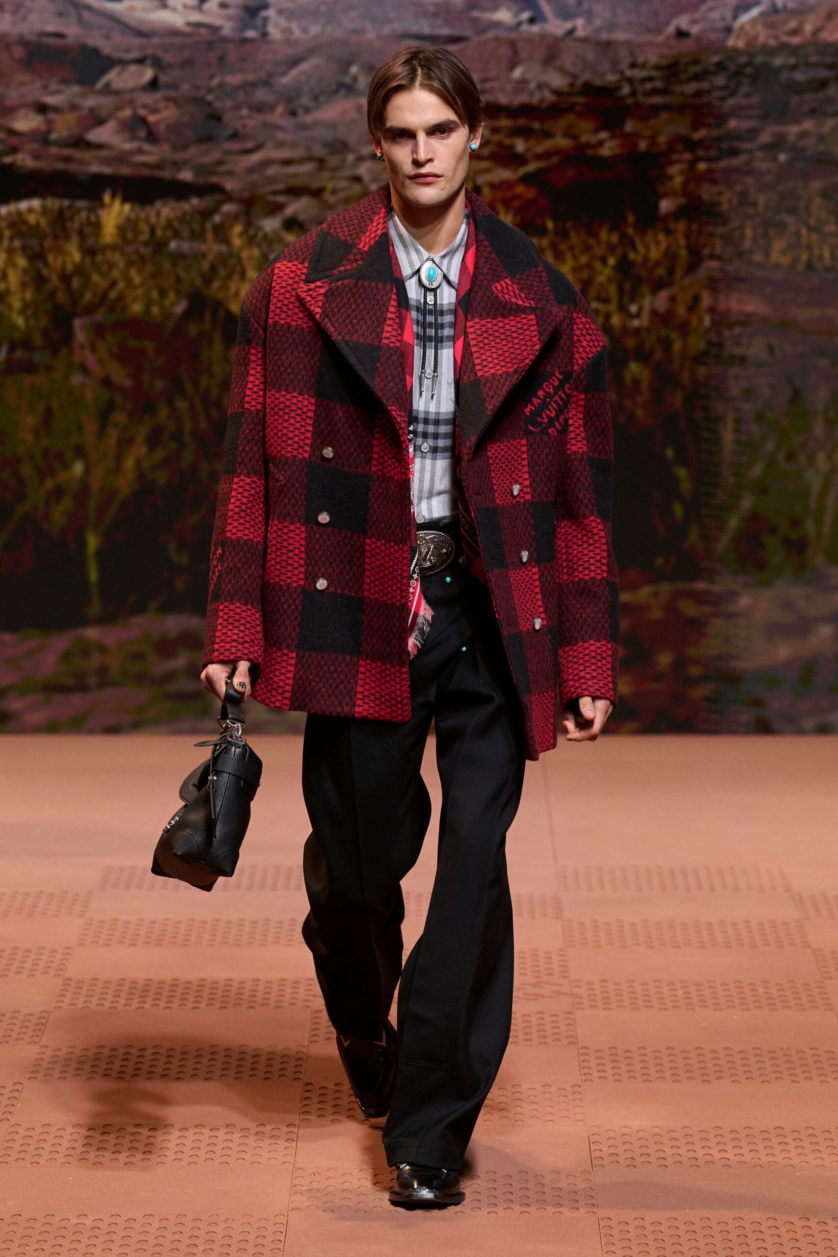 red wool long-sleeve collared relaxed checked jacket