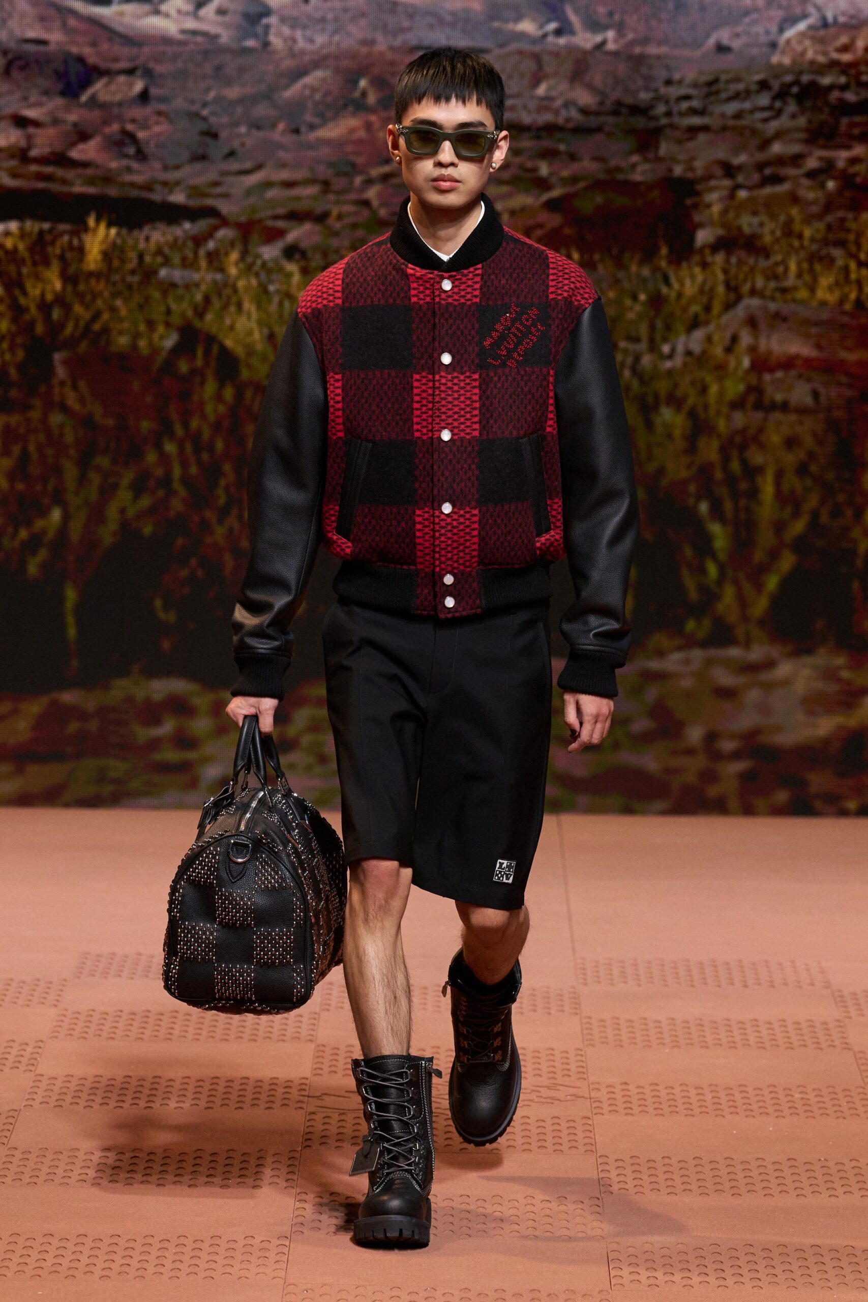 red cotton long-sleeve collared relaxed checked jacket