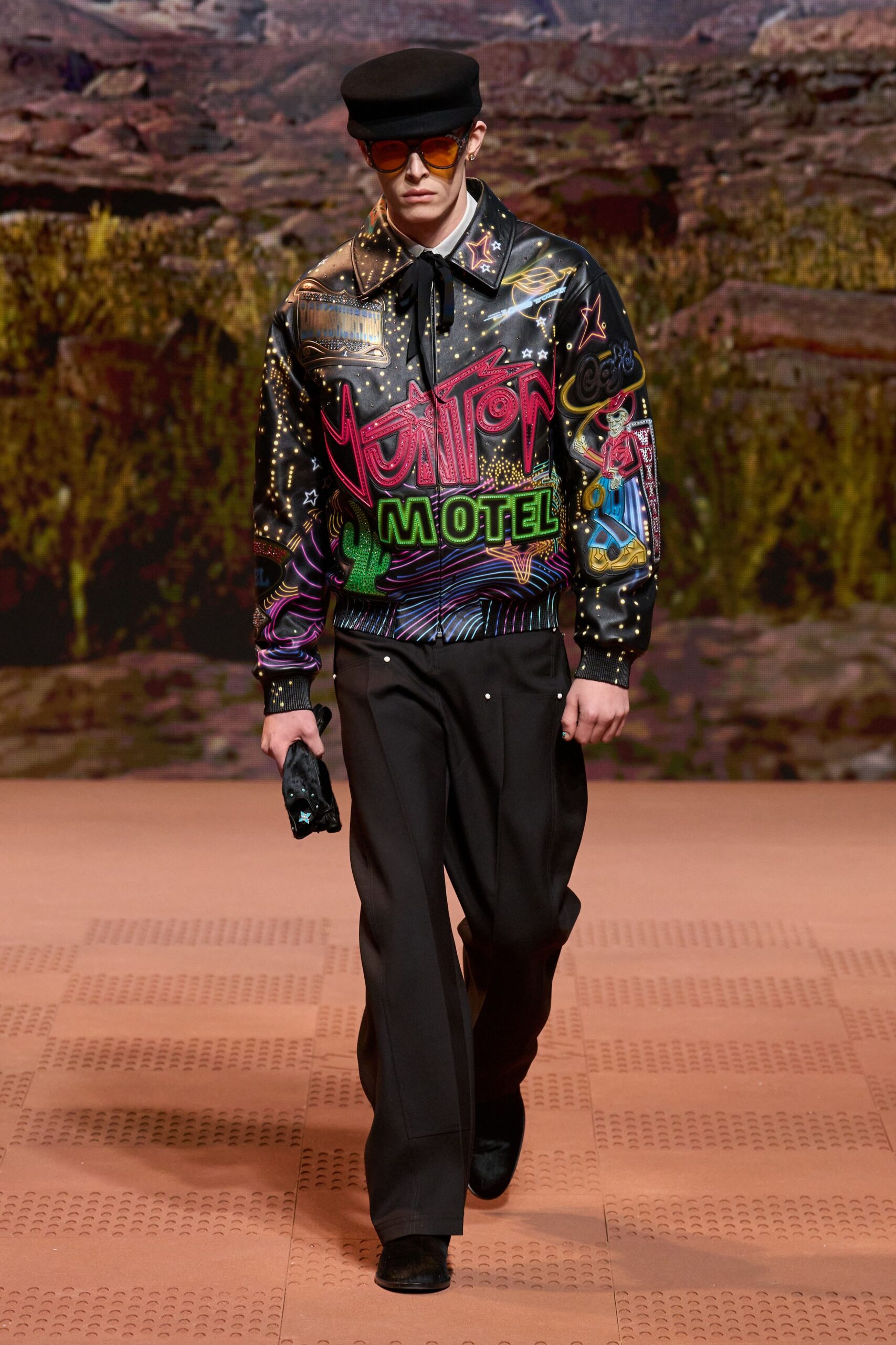 black cotton long-sleeve collared fitted embroidered printed jacket