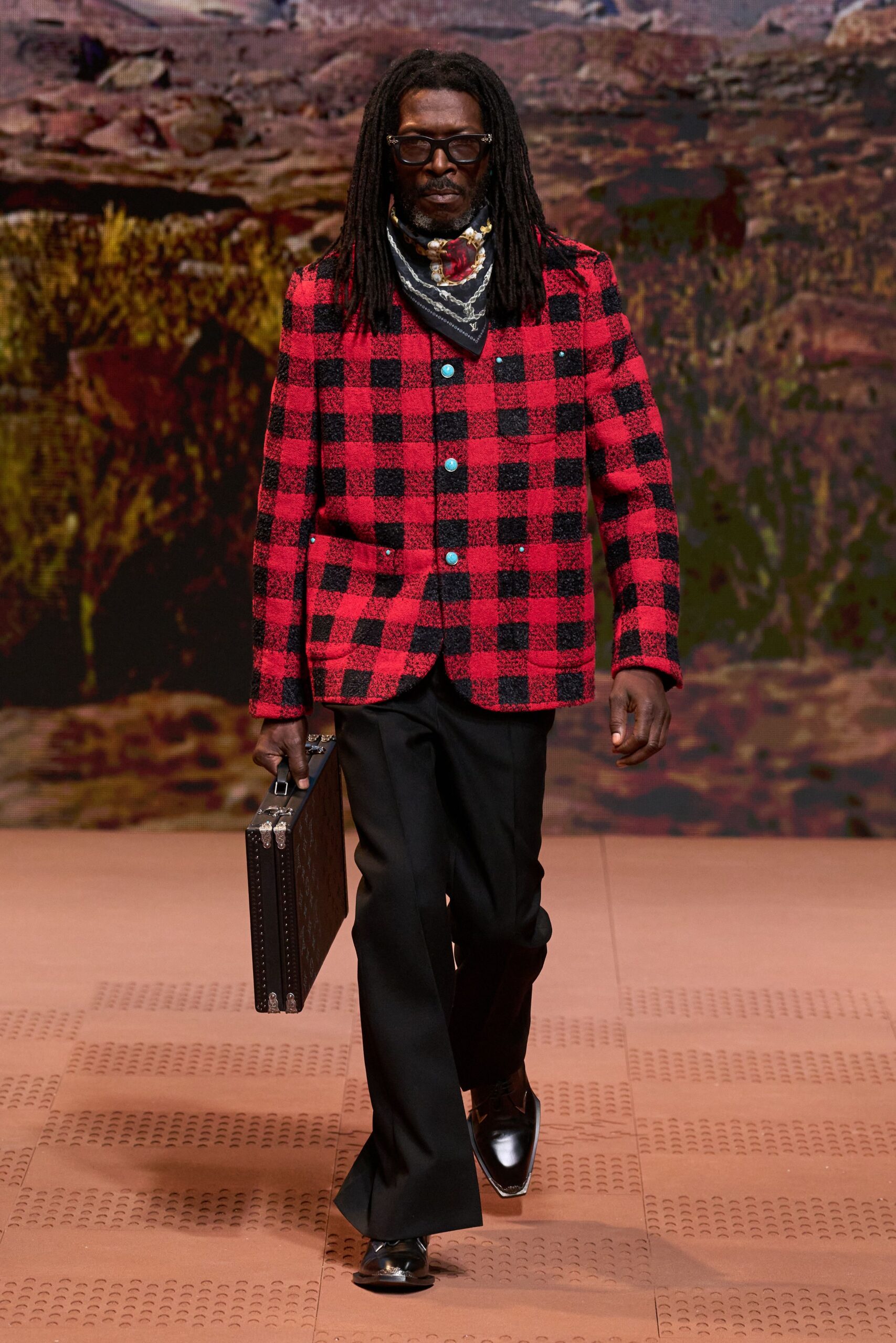 red wool long-sleeve collared tailored checked blazer