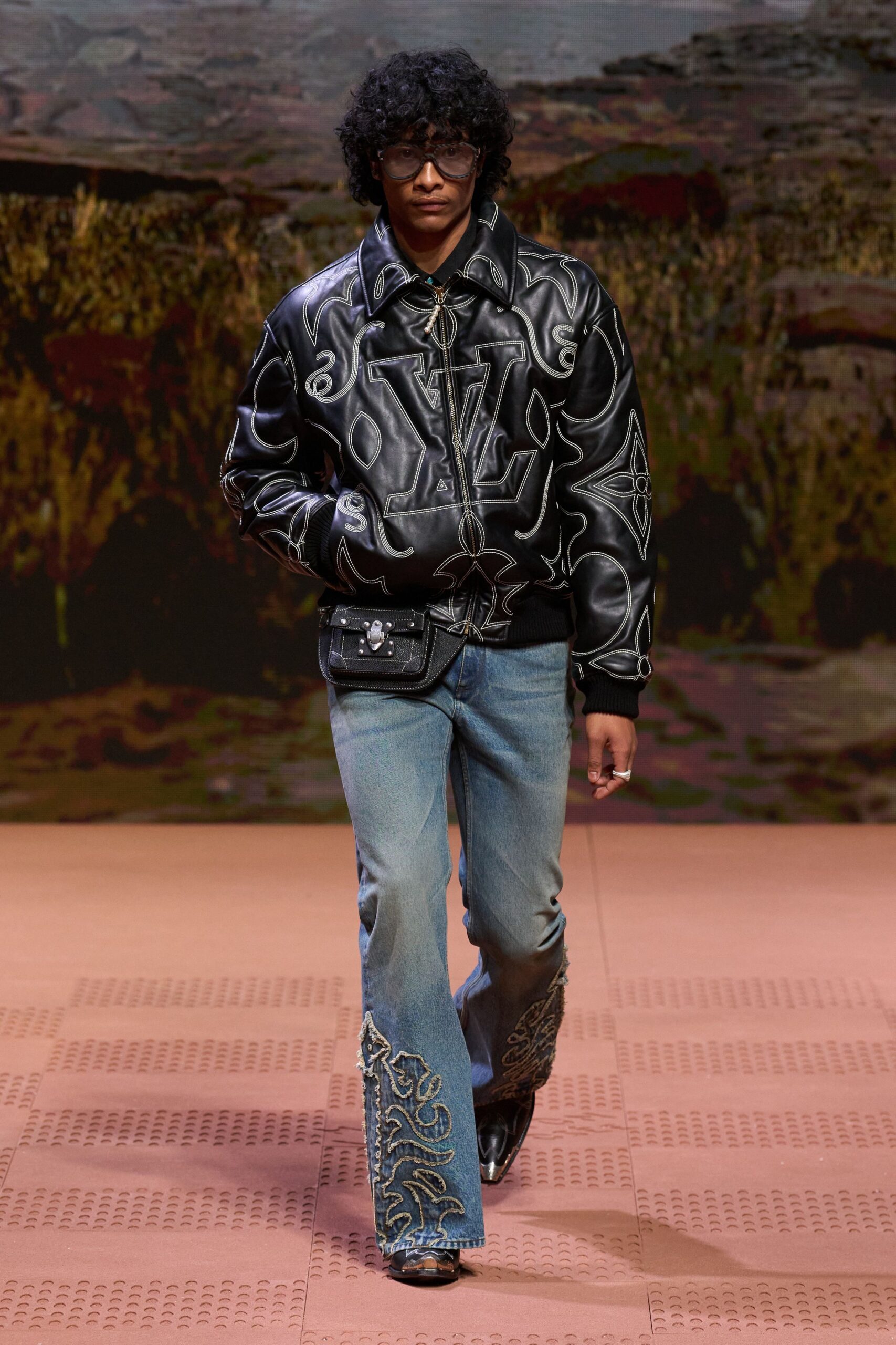 black leather long-sleeve collared fitted embroidered jacket