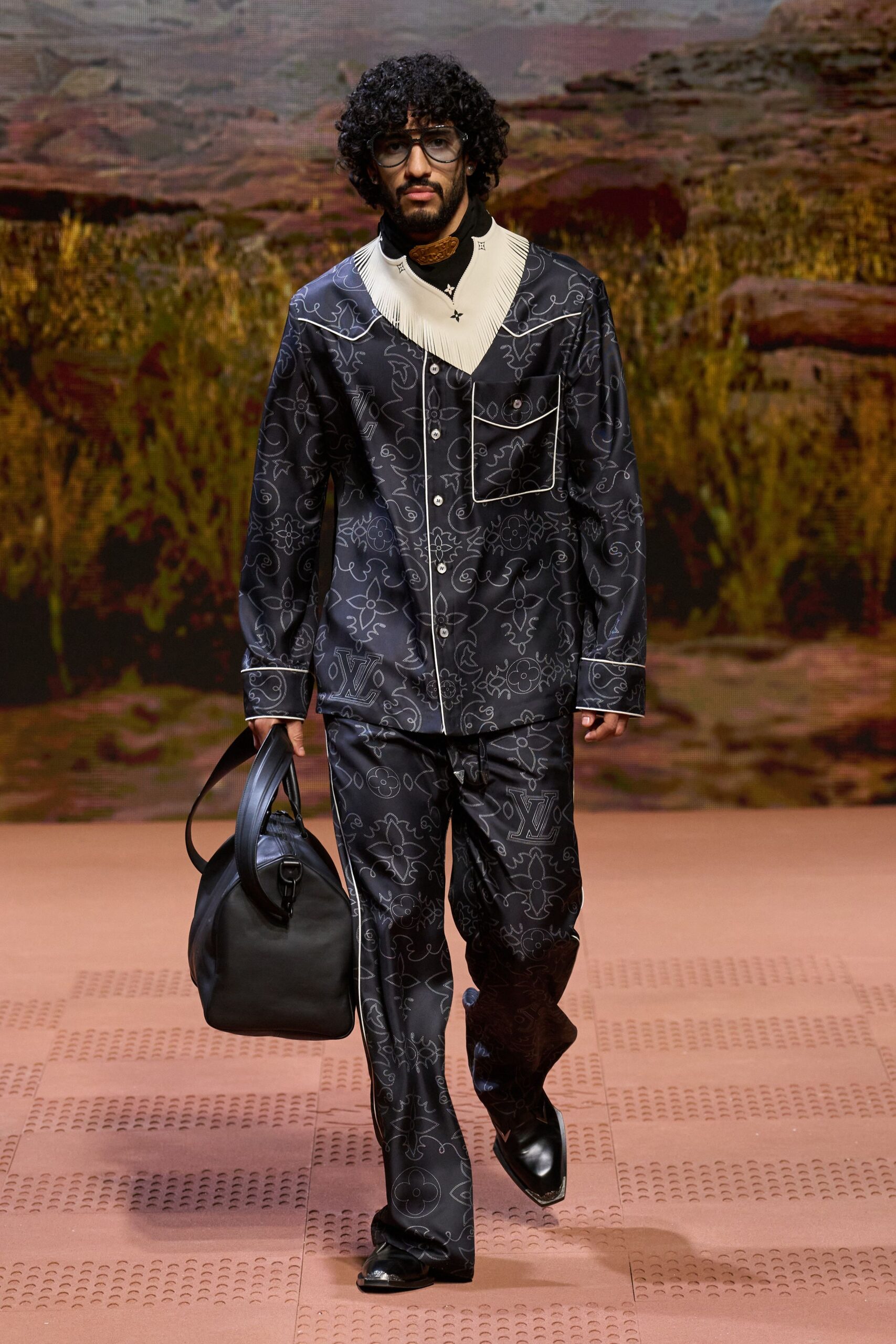 black printed suit with bag