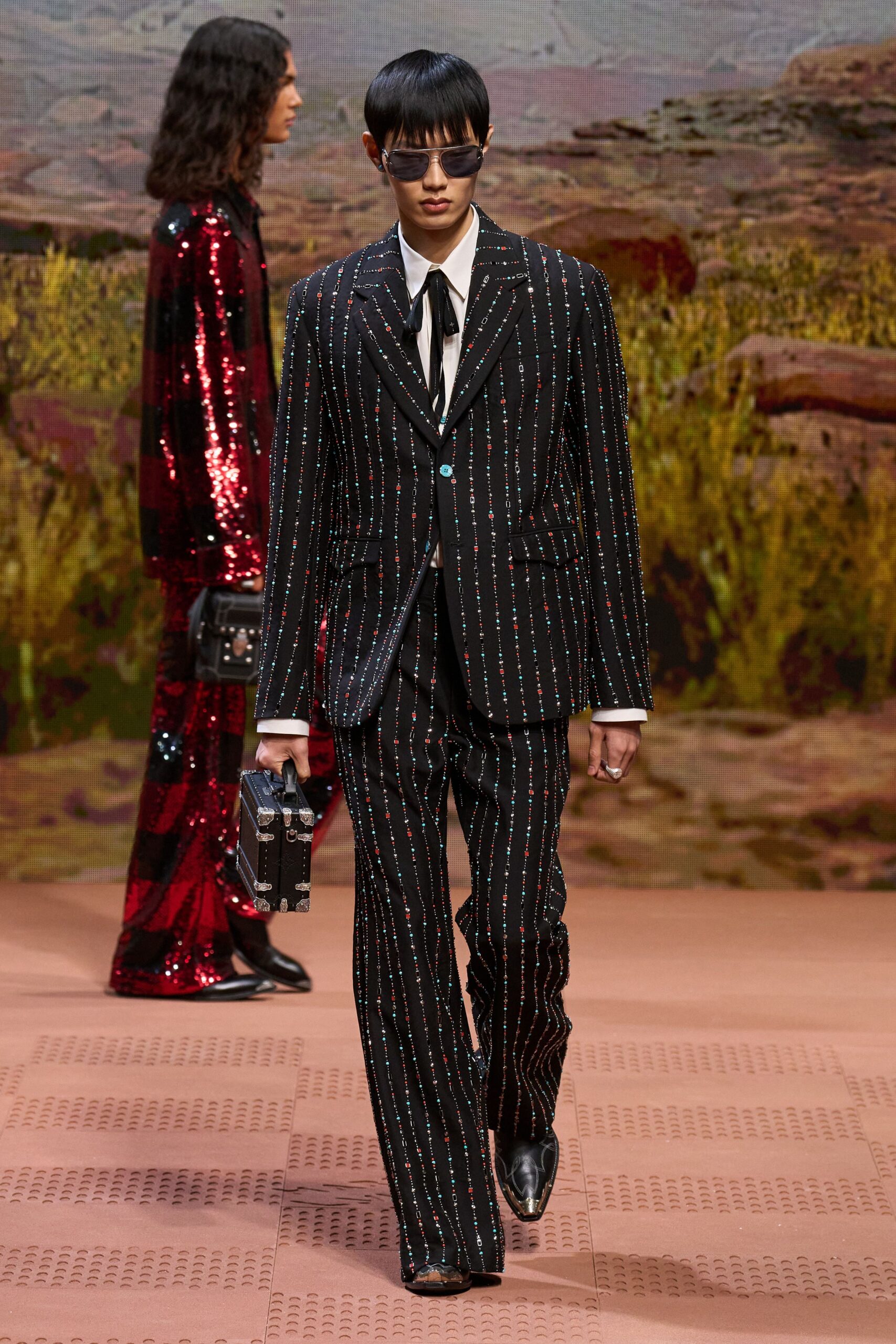 black multi-striped tailored suit