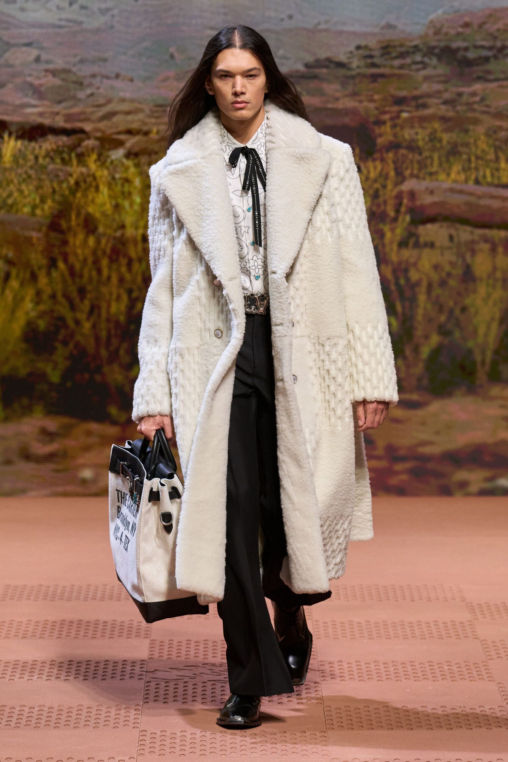 white fur long-sleeve collared relaxed textured coat
