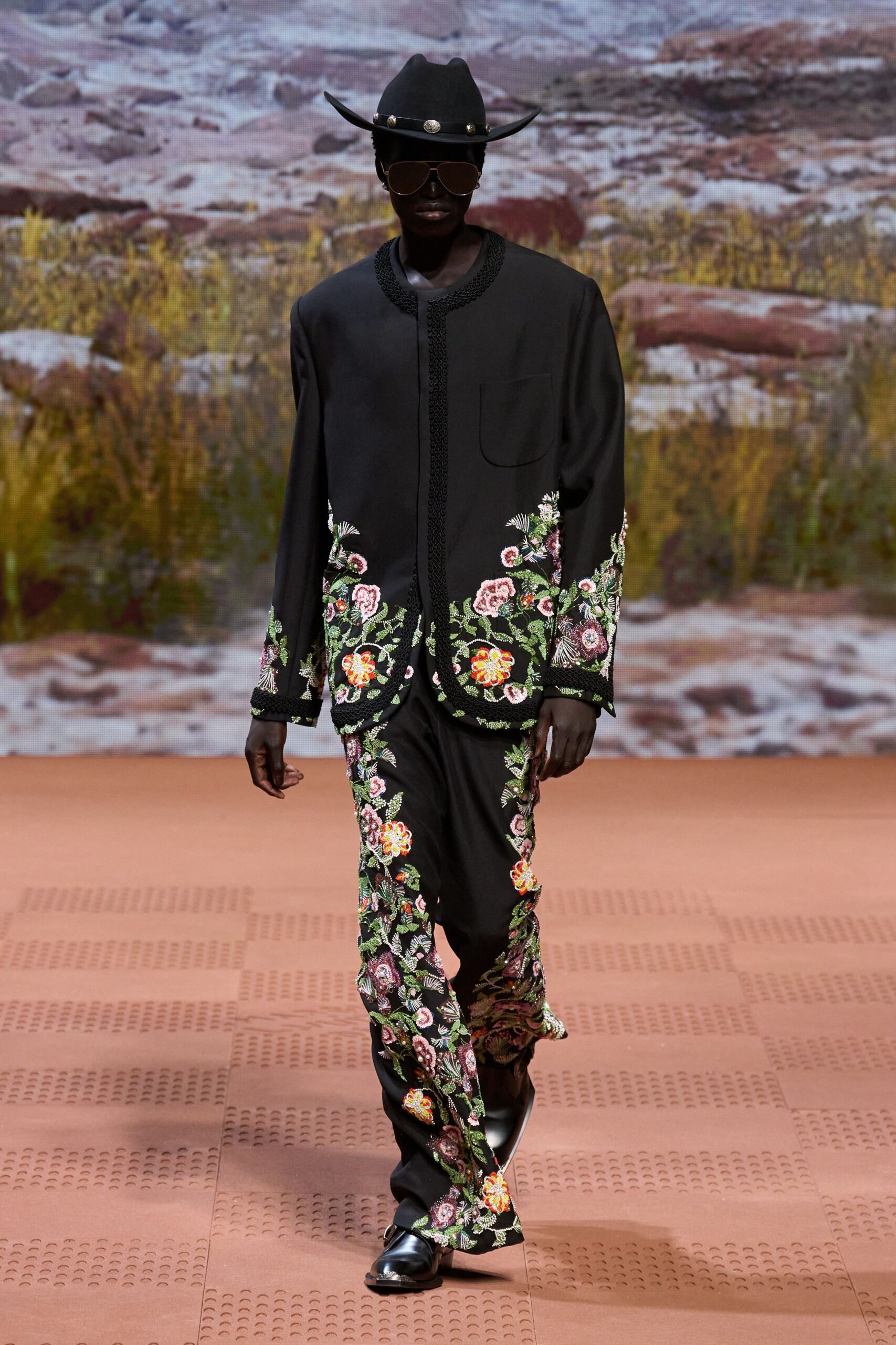 black embroidered jacket and pants