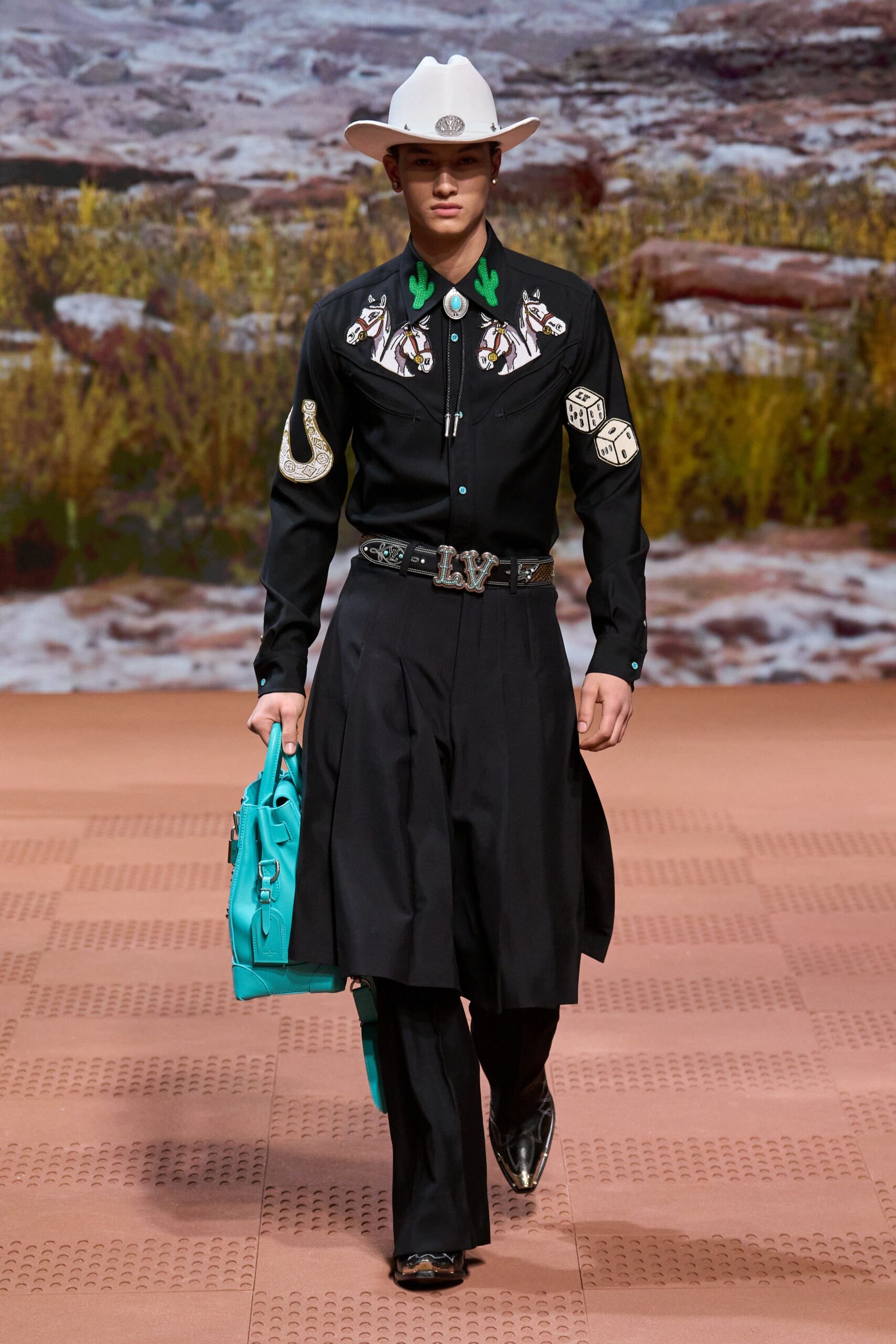 black embroidered shirt and skirt