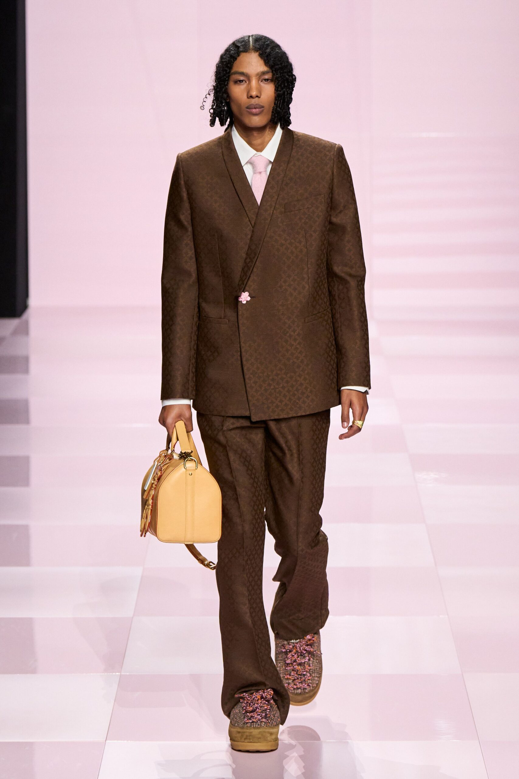 brown cotton long-sleeve collared tailored printed suit