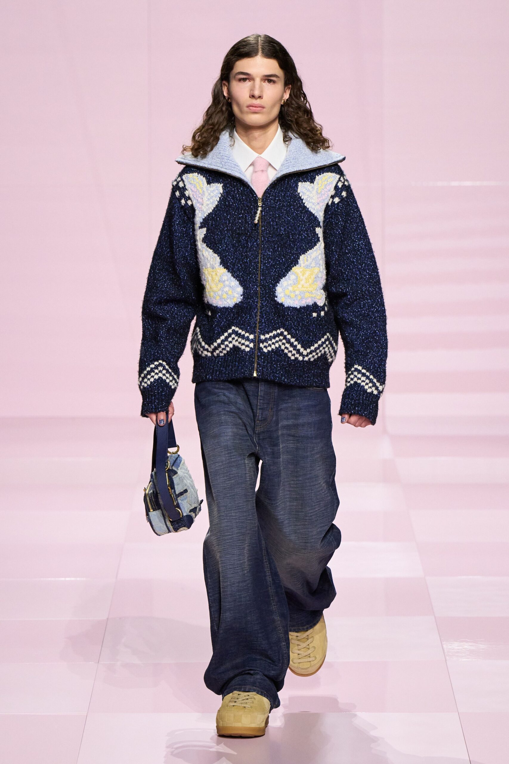 blue cotton long-sleeve collared relaxed embroidered jacket