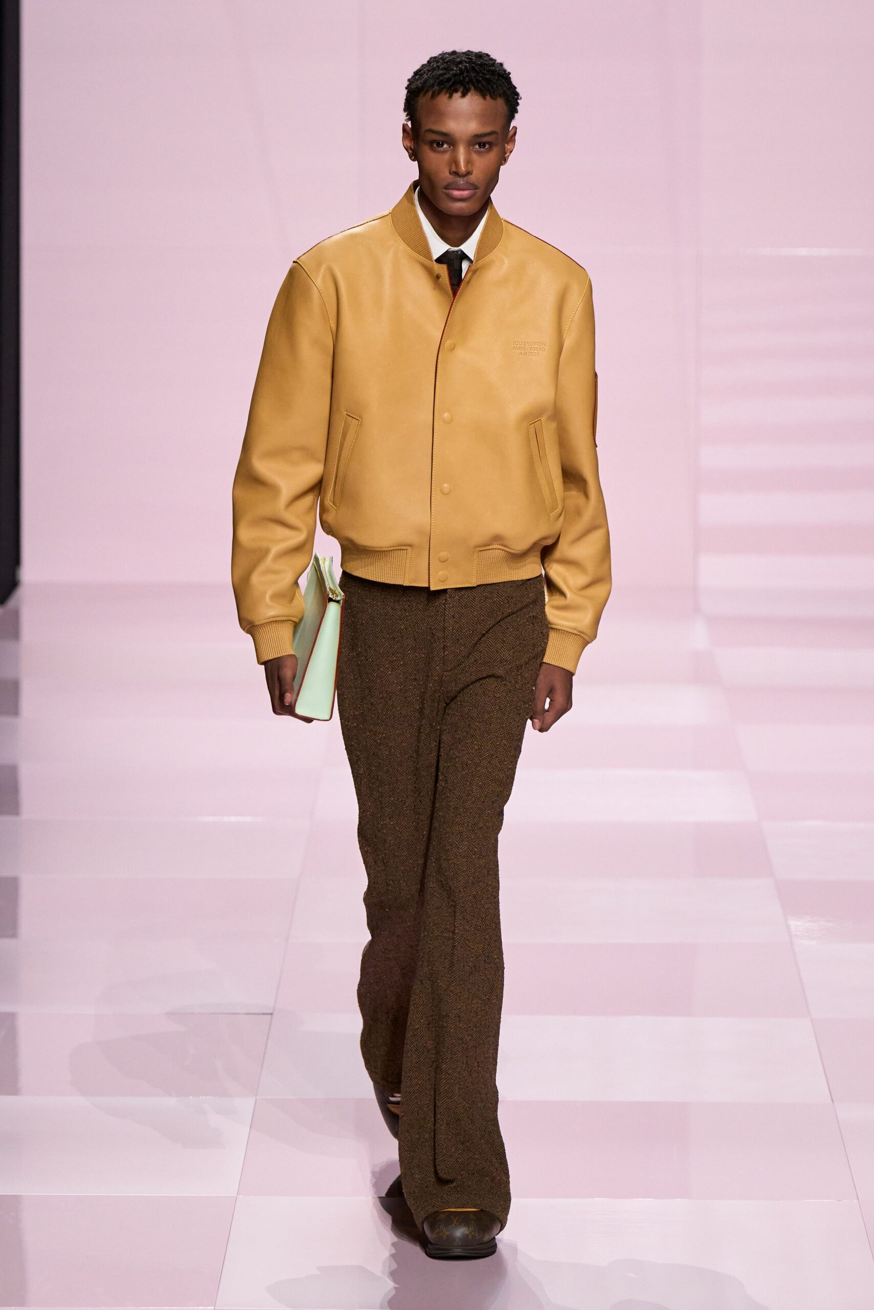 brown leather long-sleeve collared relaxed jacket