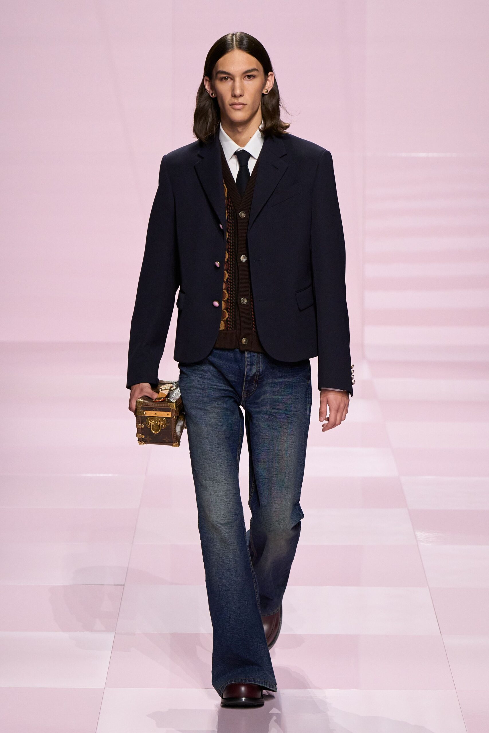 blue denim fitted straight-leg jeans