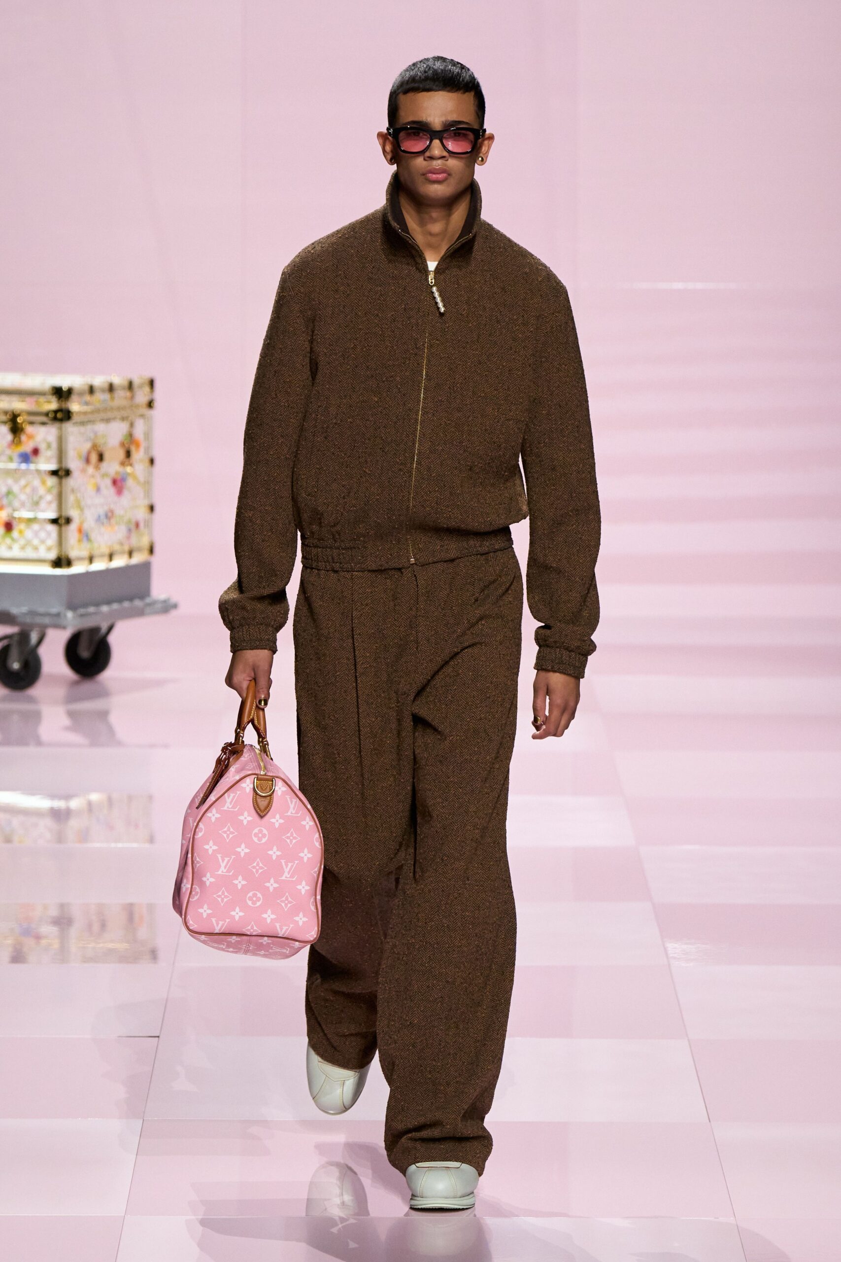 brown cotton long-sleeve collared relaxed zippered wide-leg jumpsuit
