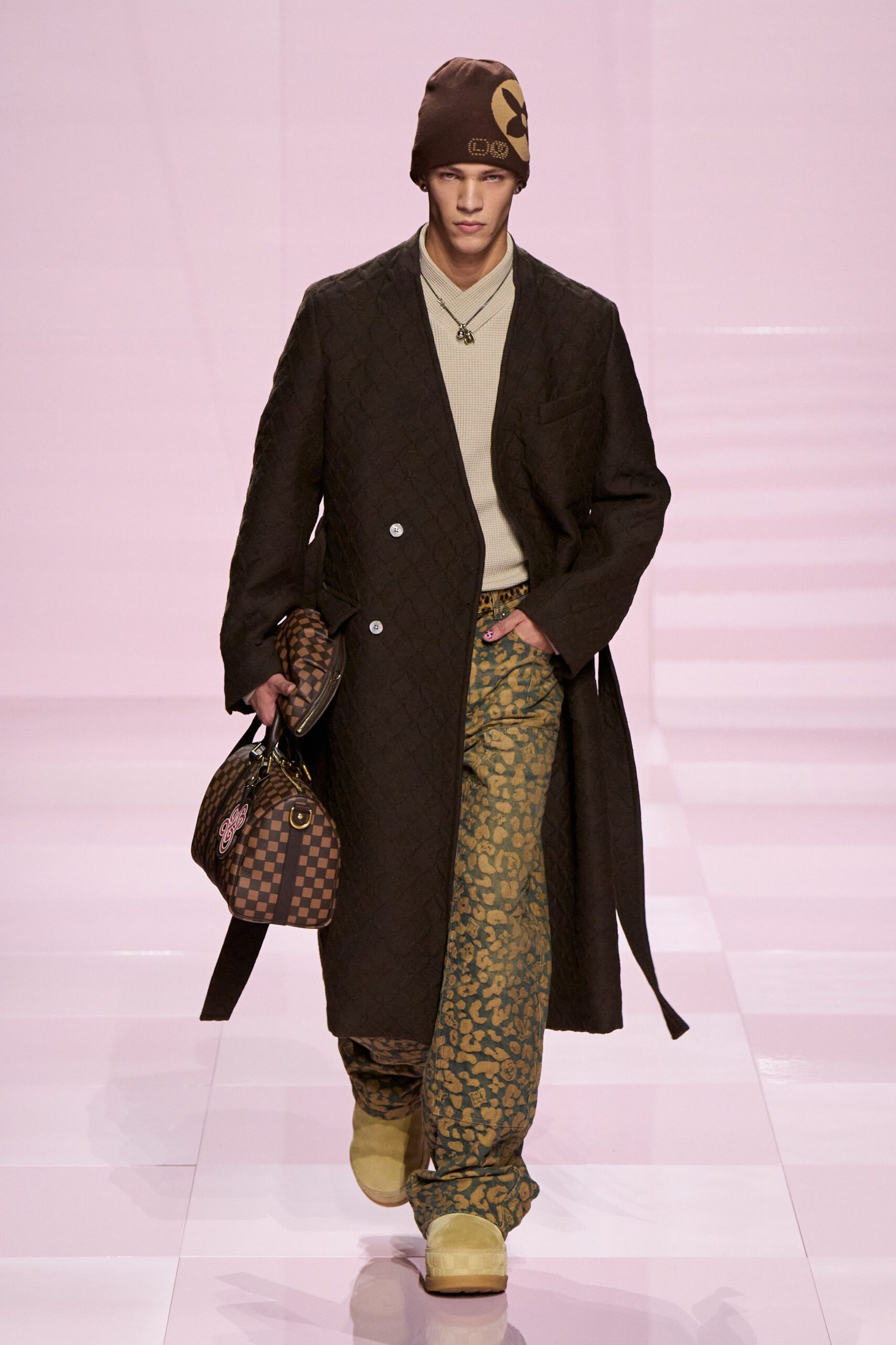 brown quilted coat with flared pants