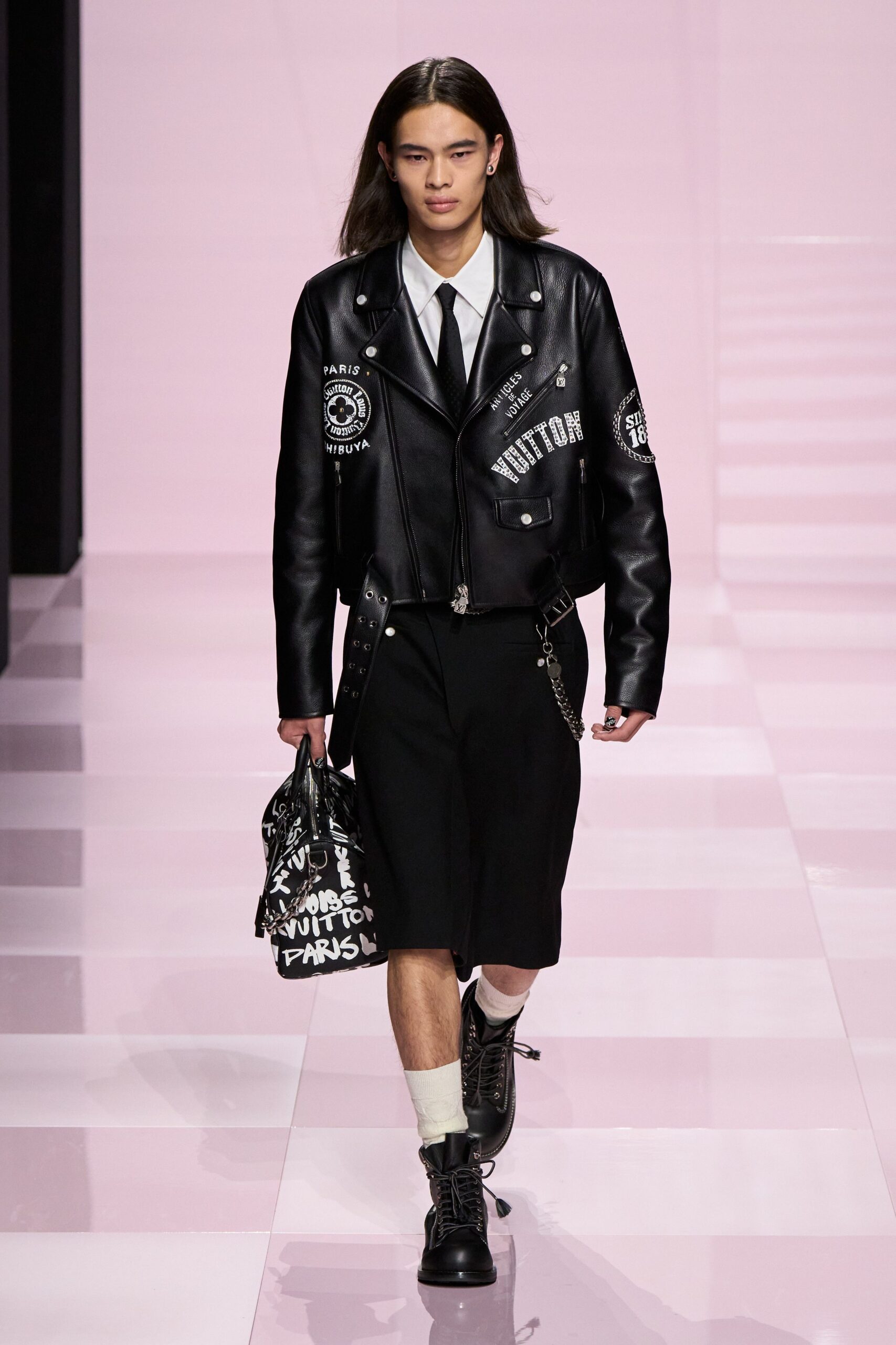 black leather long-sleeve collared fitted embroidered jacket