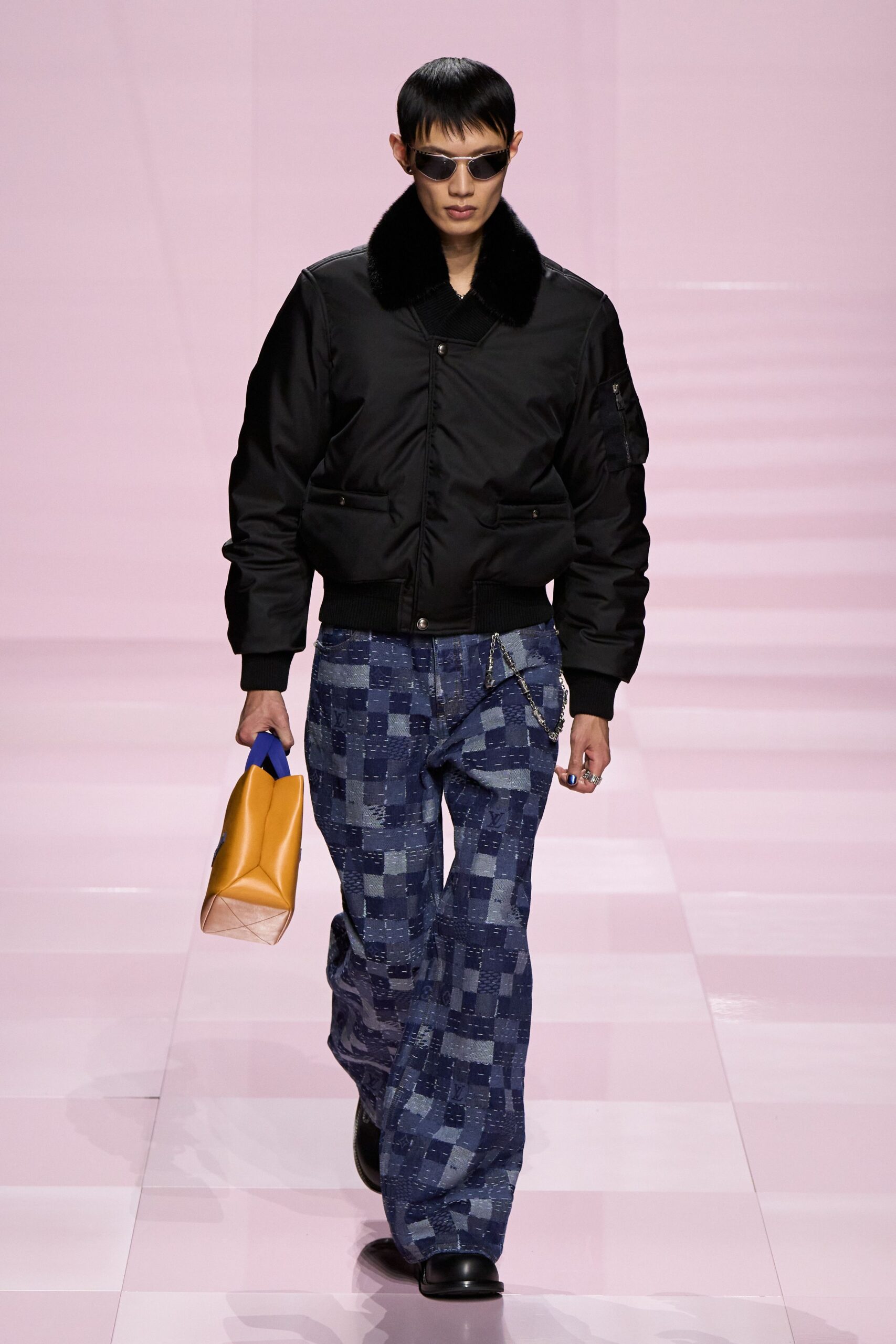 black jacket blue pants