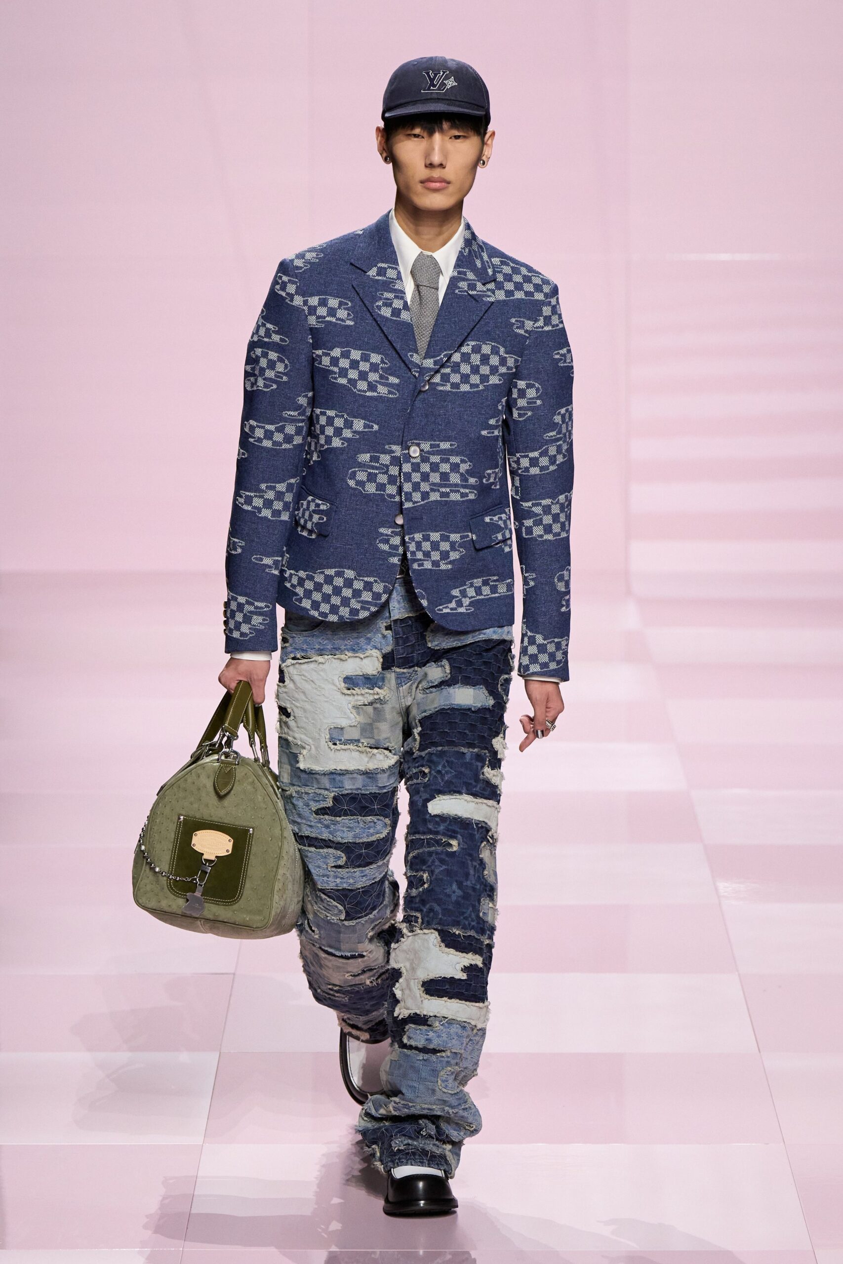 blue denim long-sleeve collared tailored checked blazer