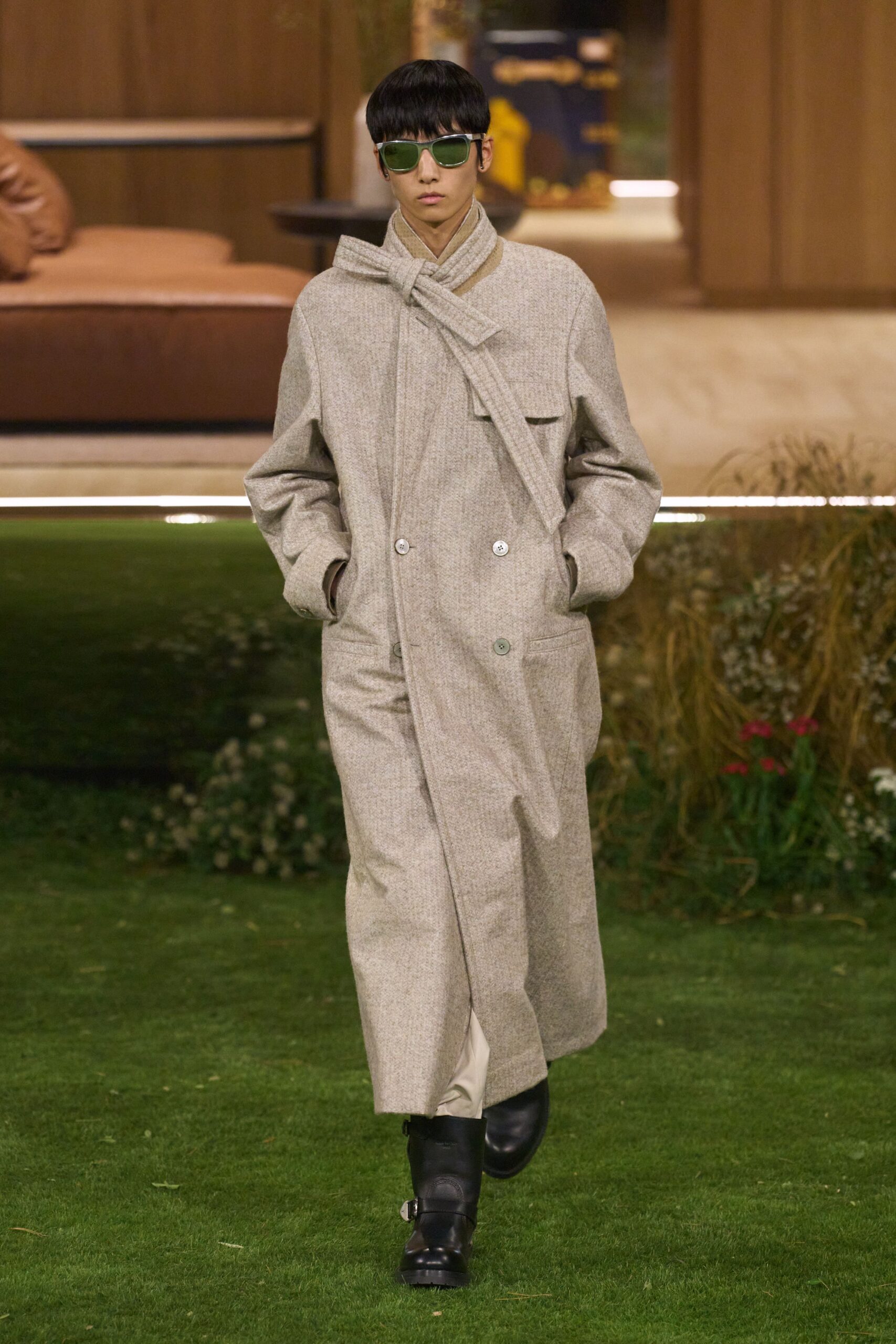 beige wool long-sleeve collared relaxed buttoned maxi coat