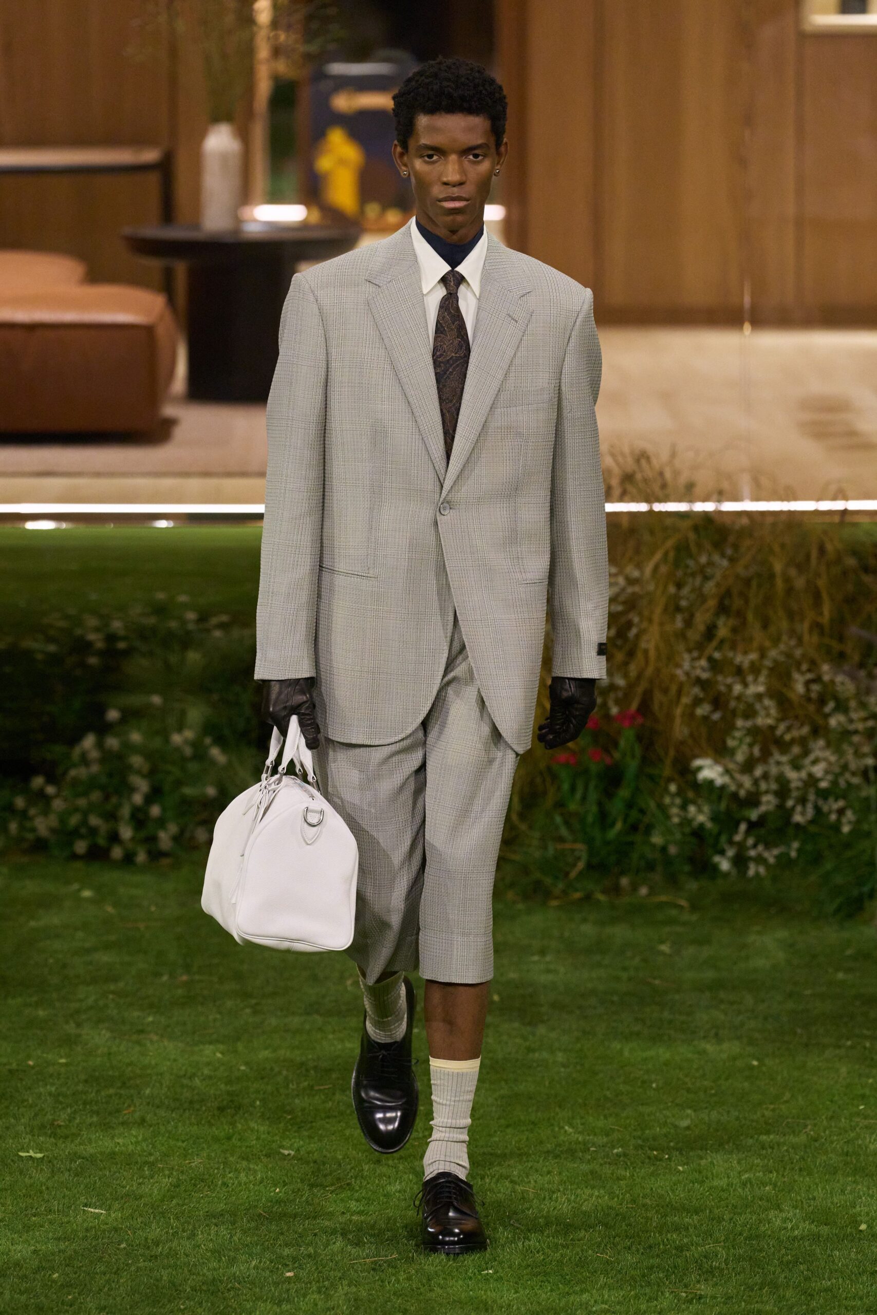 gray cotton short-sleeve collared tailored checked suit