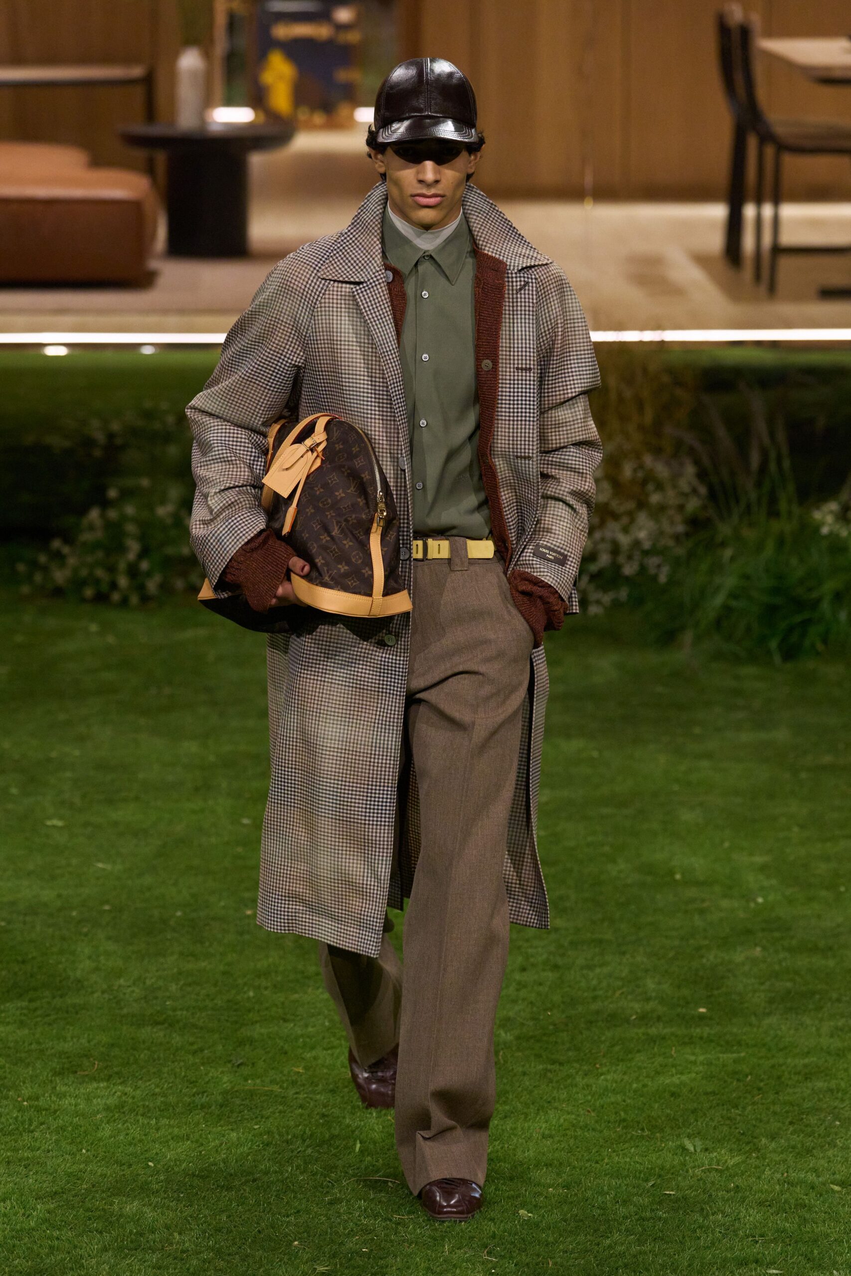 brown checked coat with green shirt