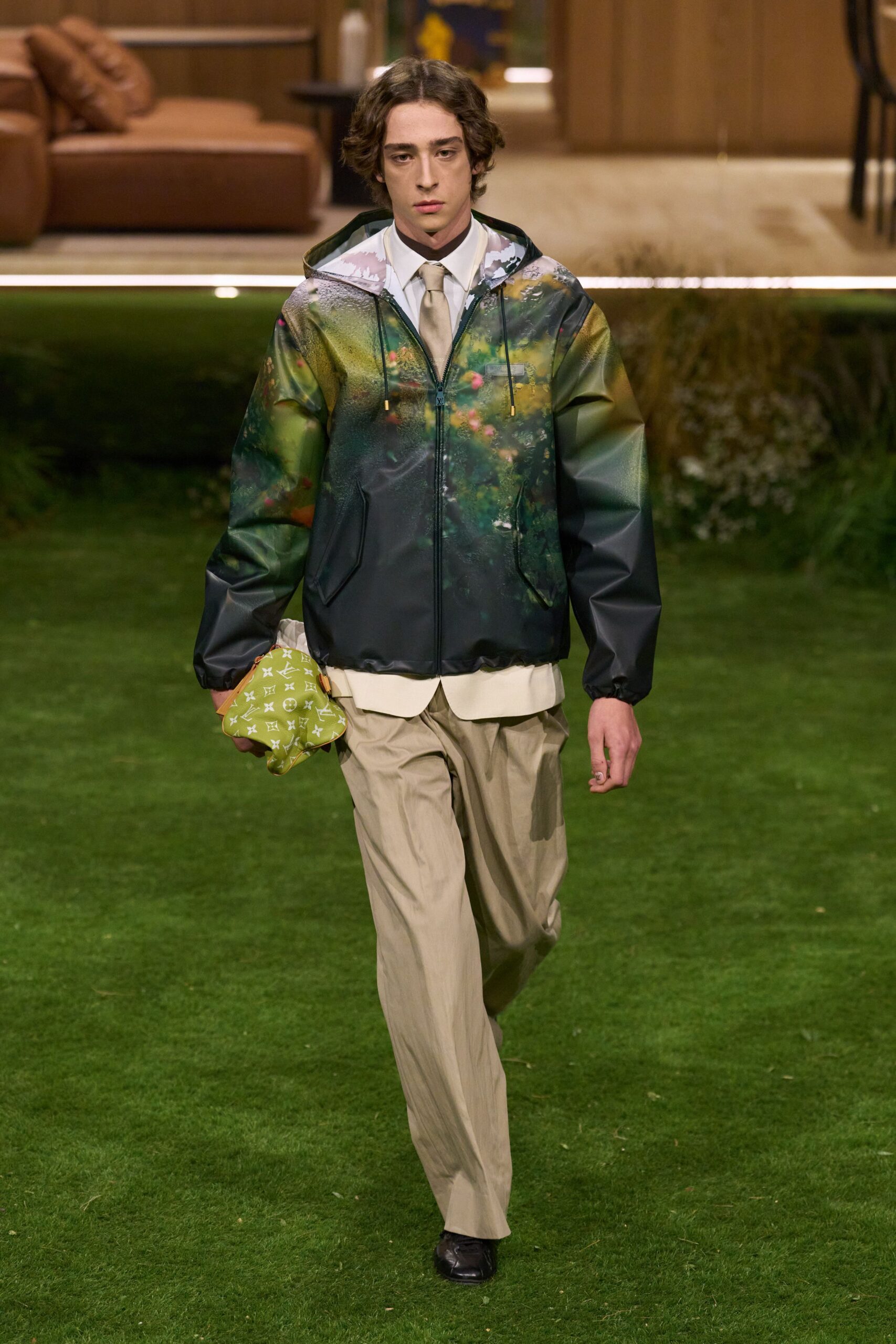 green vinyl long-sleeve hooded relaxed printed jacket