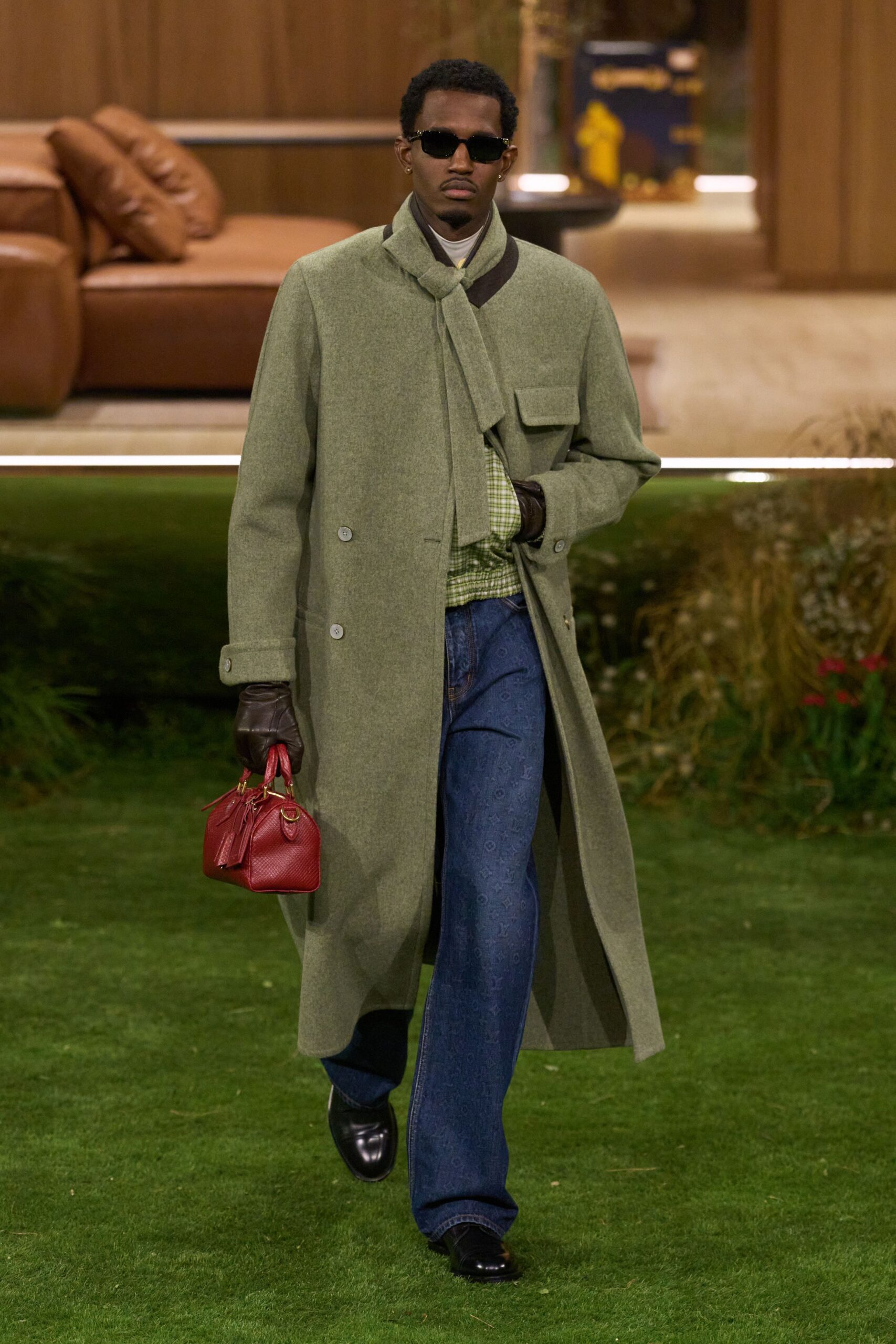 green wool long-sleeve collared relaxed belted maxi coat
