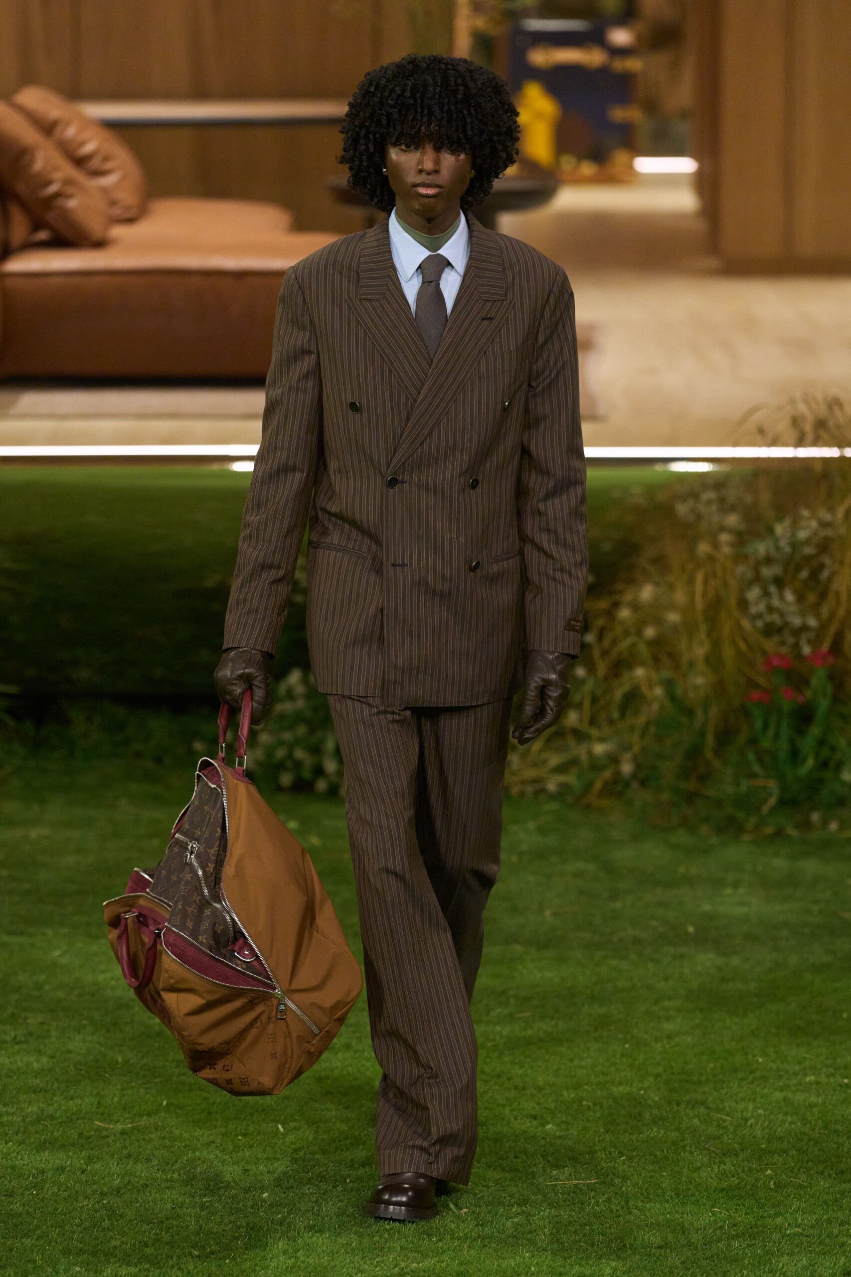brown wool long-sleeve collared tailored striped suit