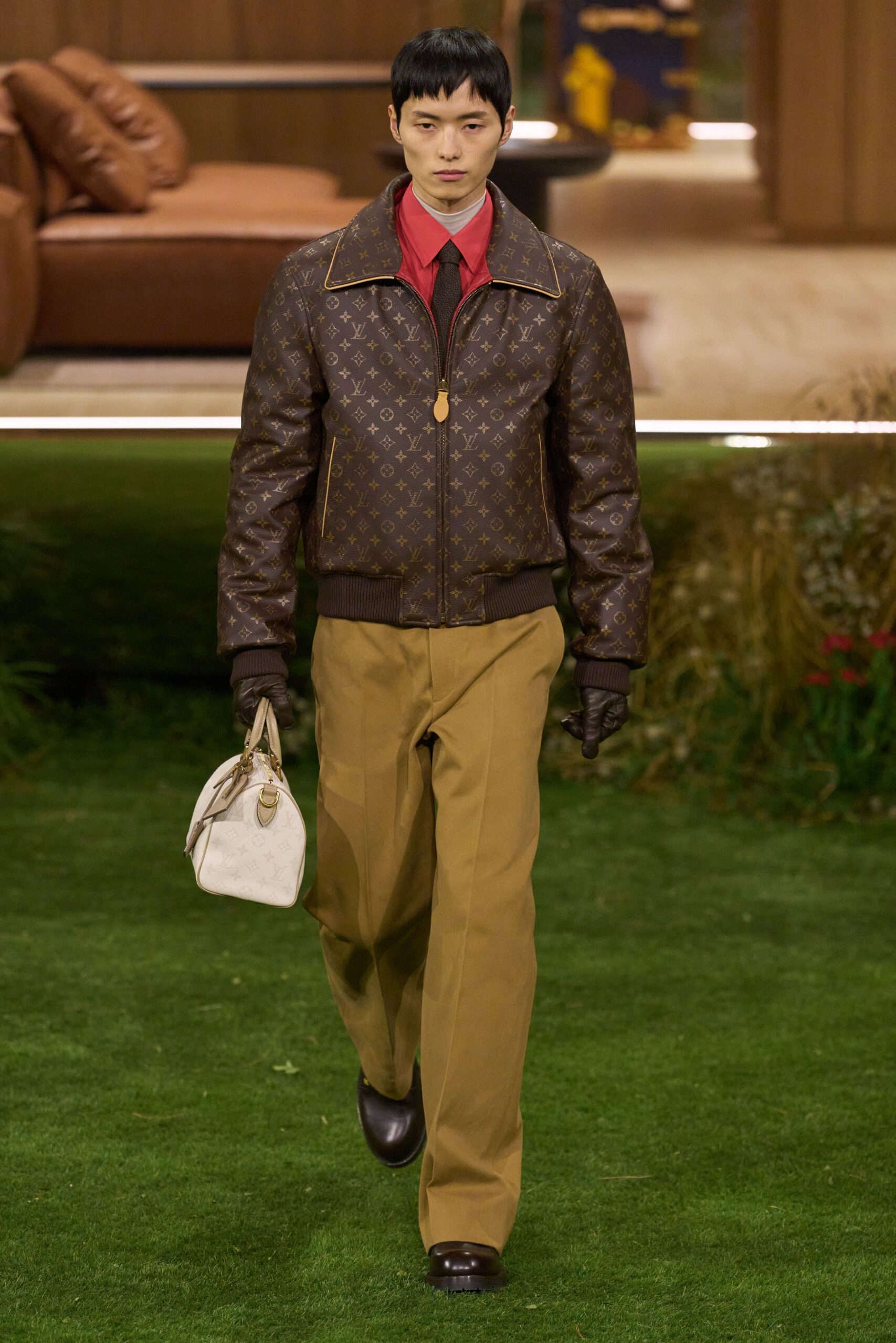brown leather long-sleeve collared fitted zippered printed jacket