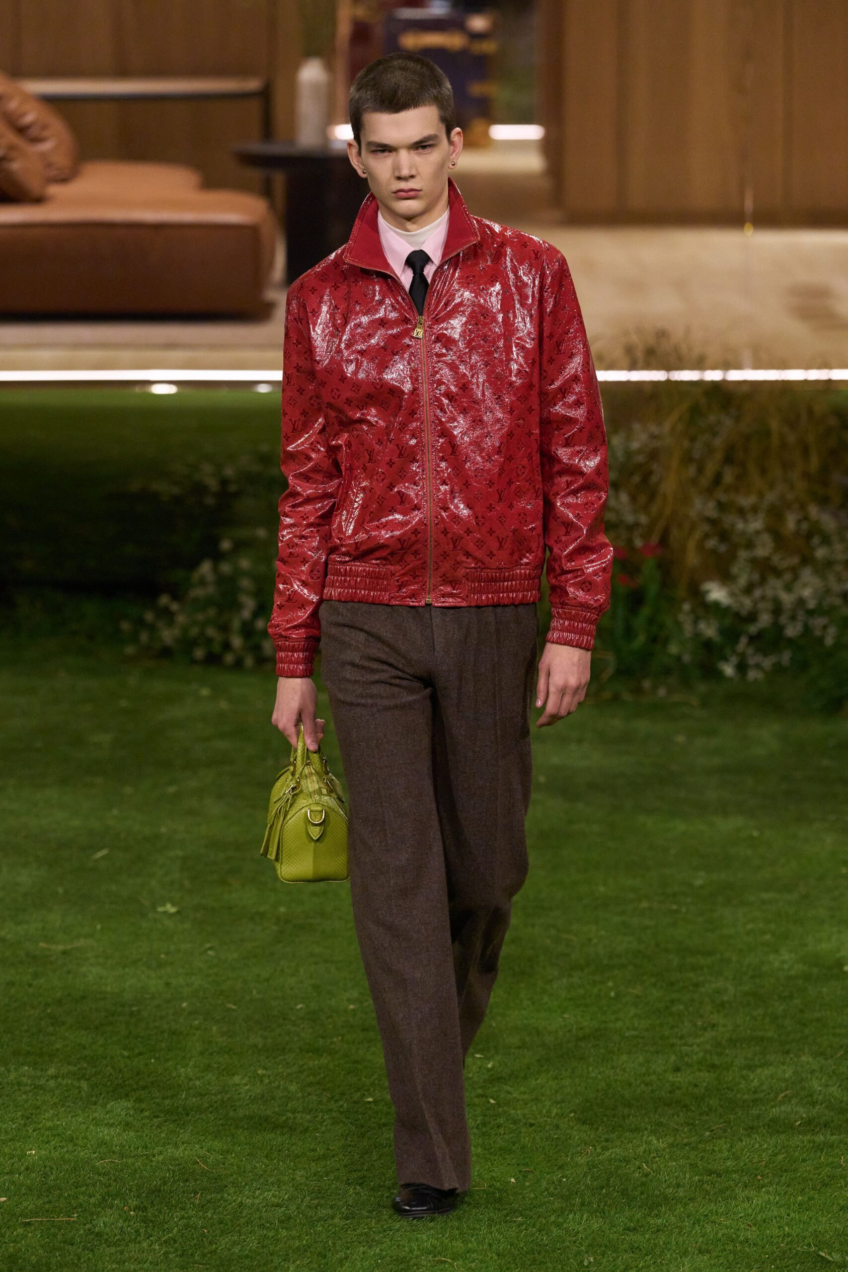 red leather long-sleeve collared fitted zippered embellished jacket