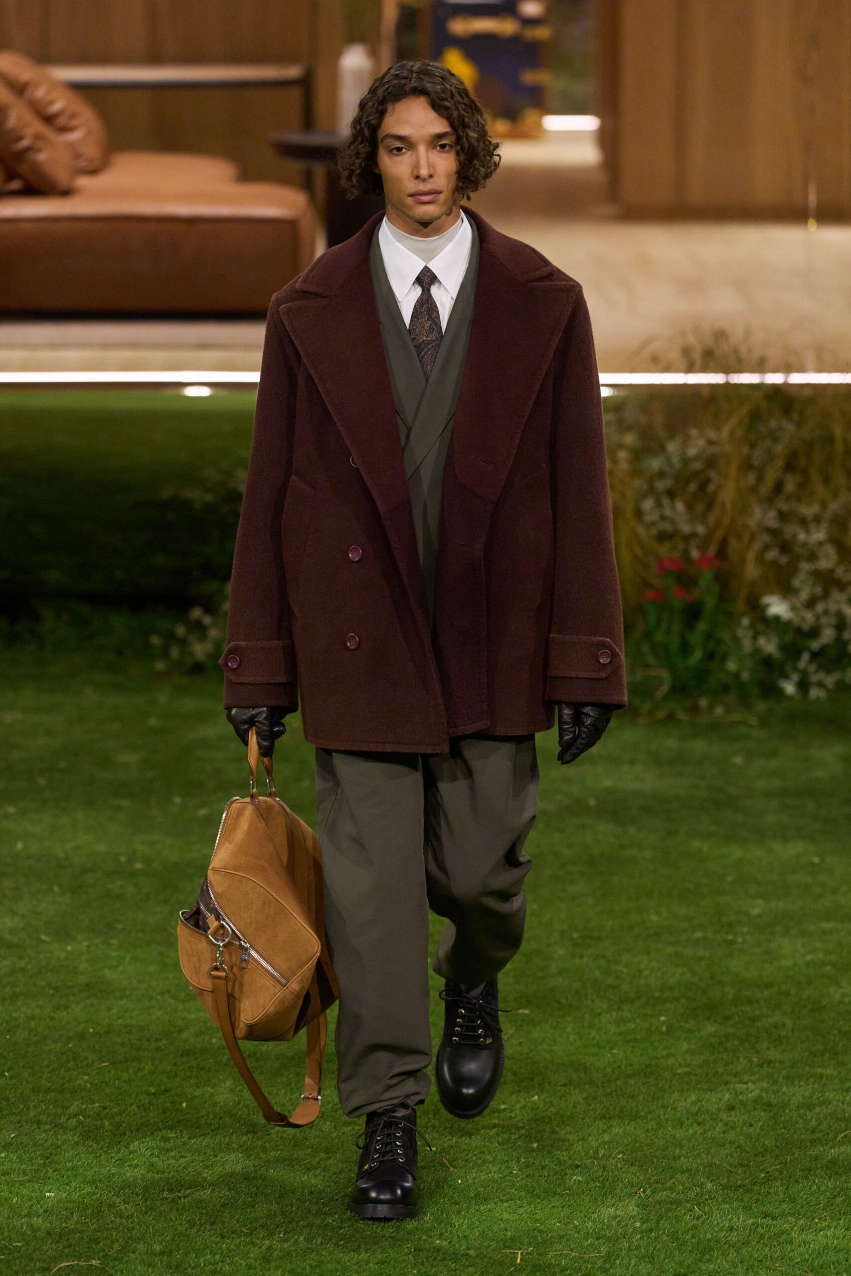 brown wool long-sleeve collared relaxed coat