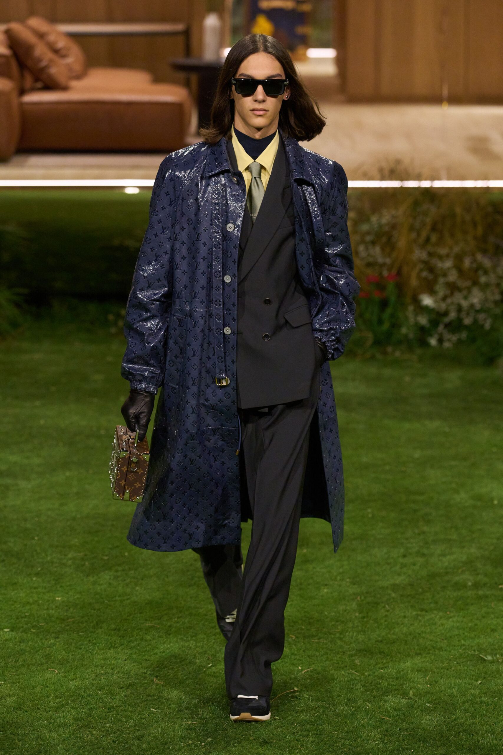 blue vinyl long-sleeve collared relaxed printed shiny coat