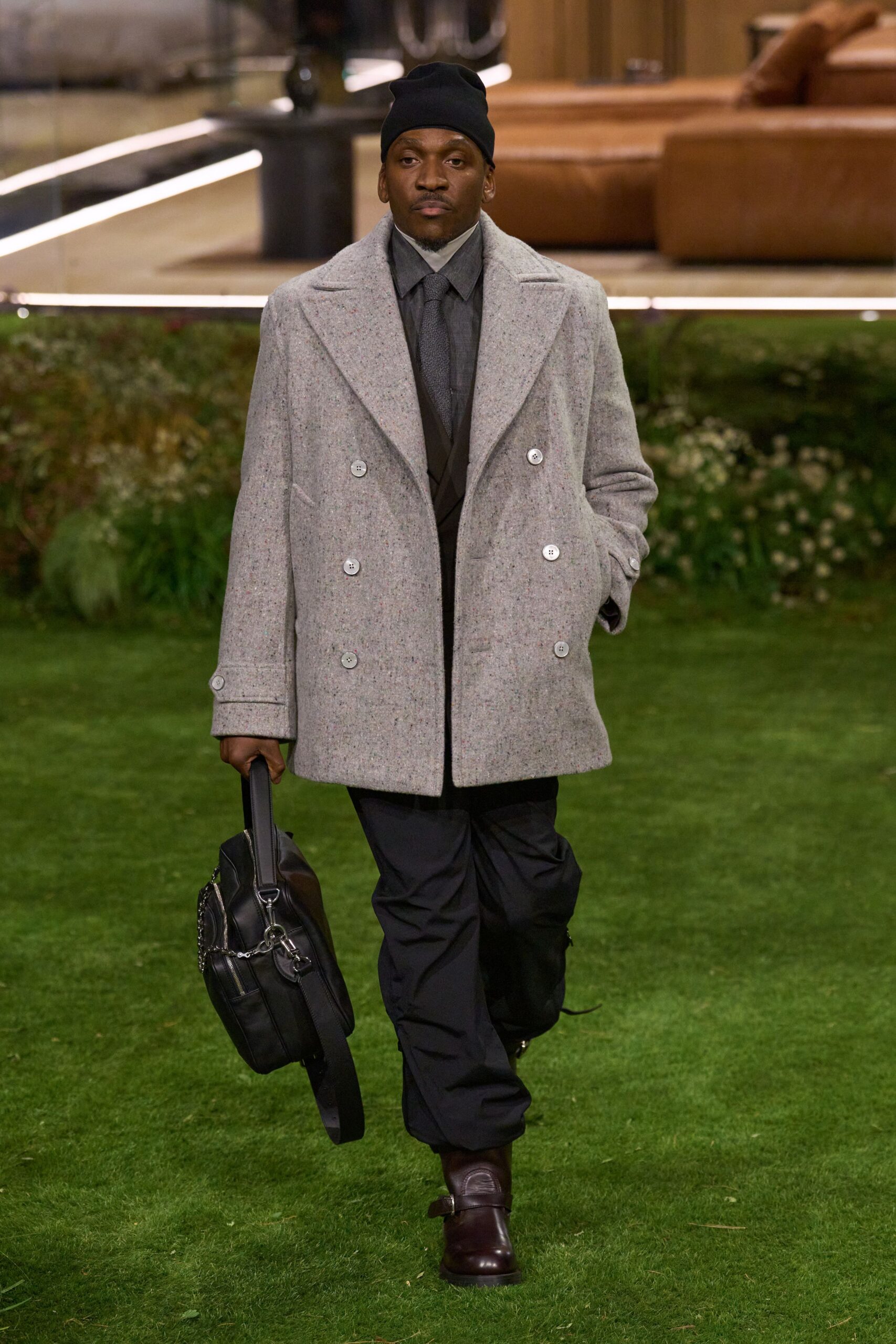 gray wool long-sleeve double-breasted structured buttoned coat