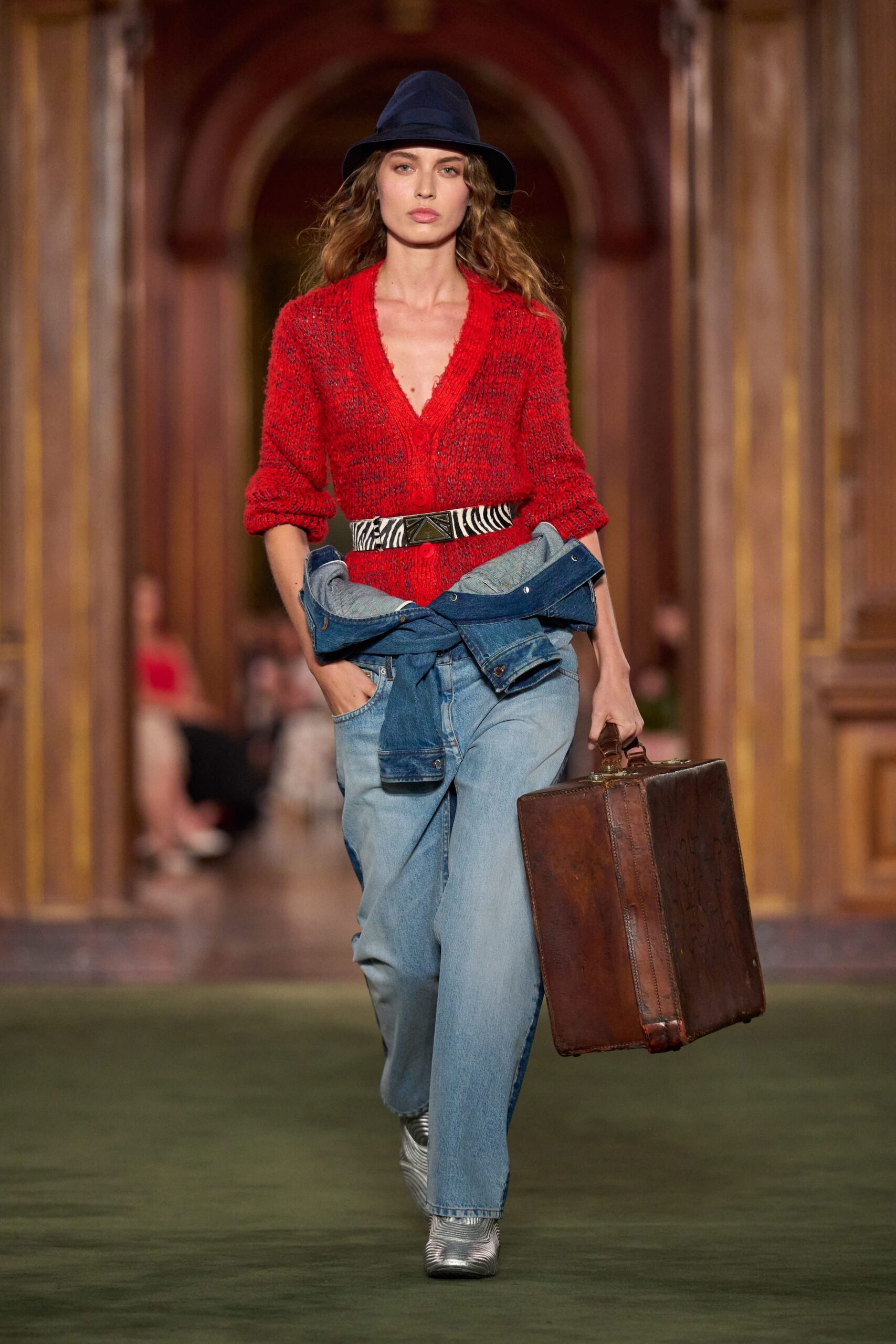 red cotton long-sleeve v-neck relaxed sweater