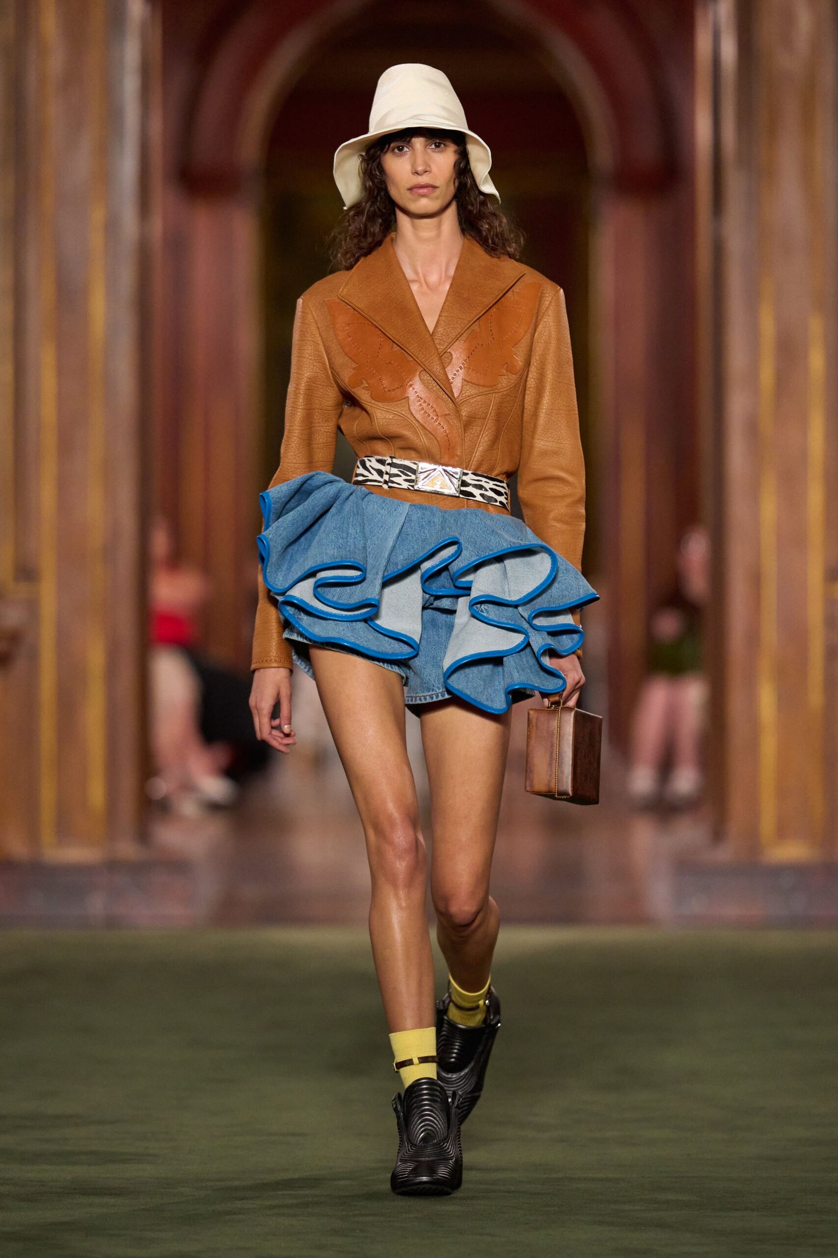 blue denim fitted flared mini skirt